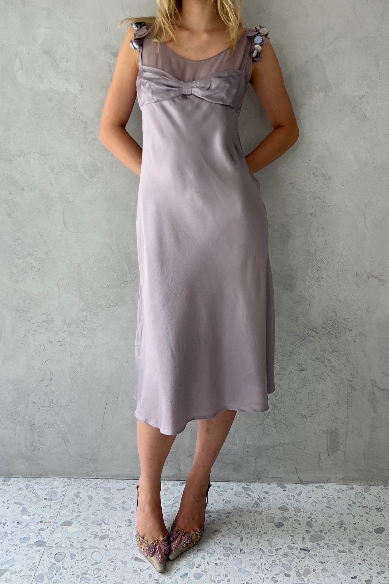 Moschino Lavender Silk Rosette Dress