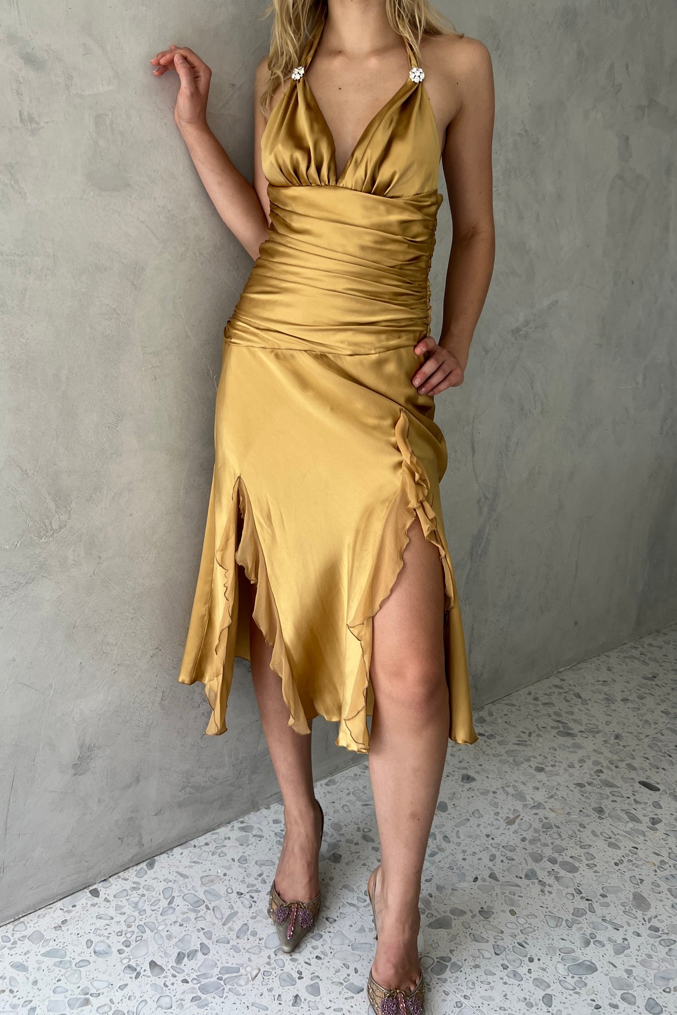Cache Gold Silk Satin Halter Dress