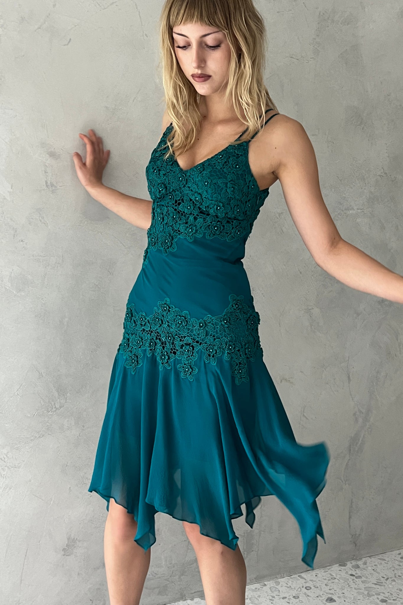 Sue Wong Teal Blue Silk Rosette Dress
