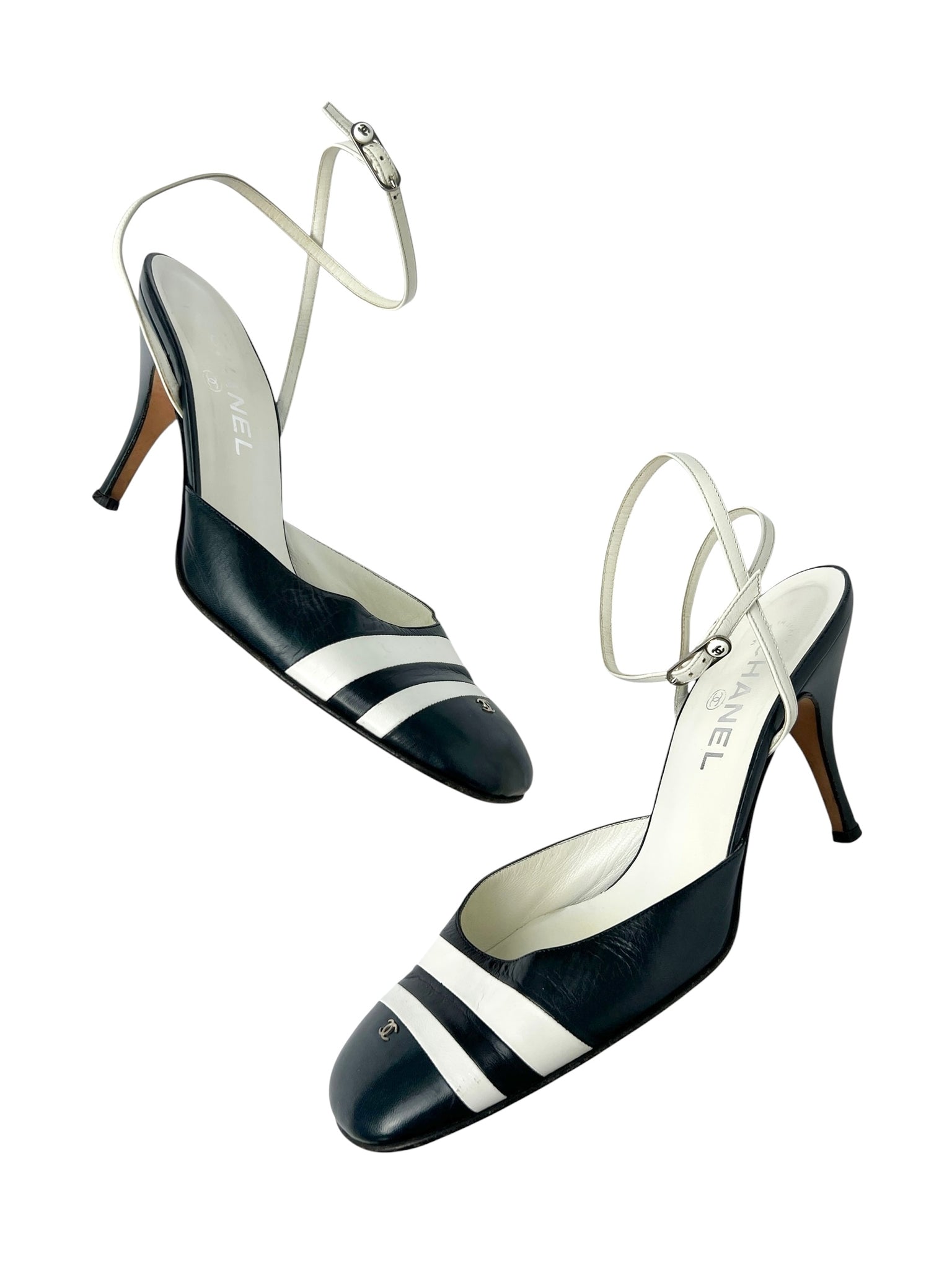 Chanel Navy & White Stripe Ankle Strap Heels - 40
