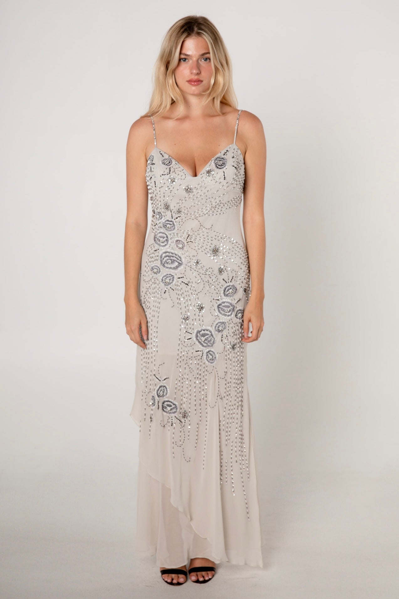 Sue Wong Grey Silk Beaded Dress