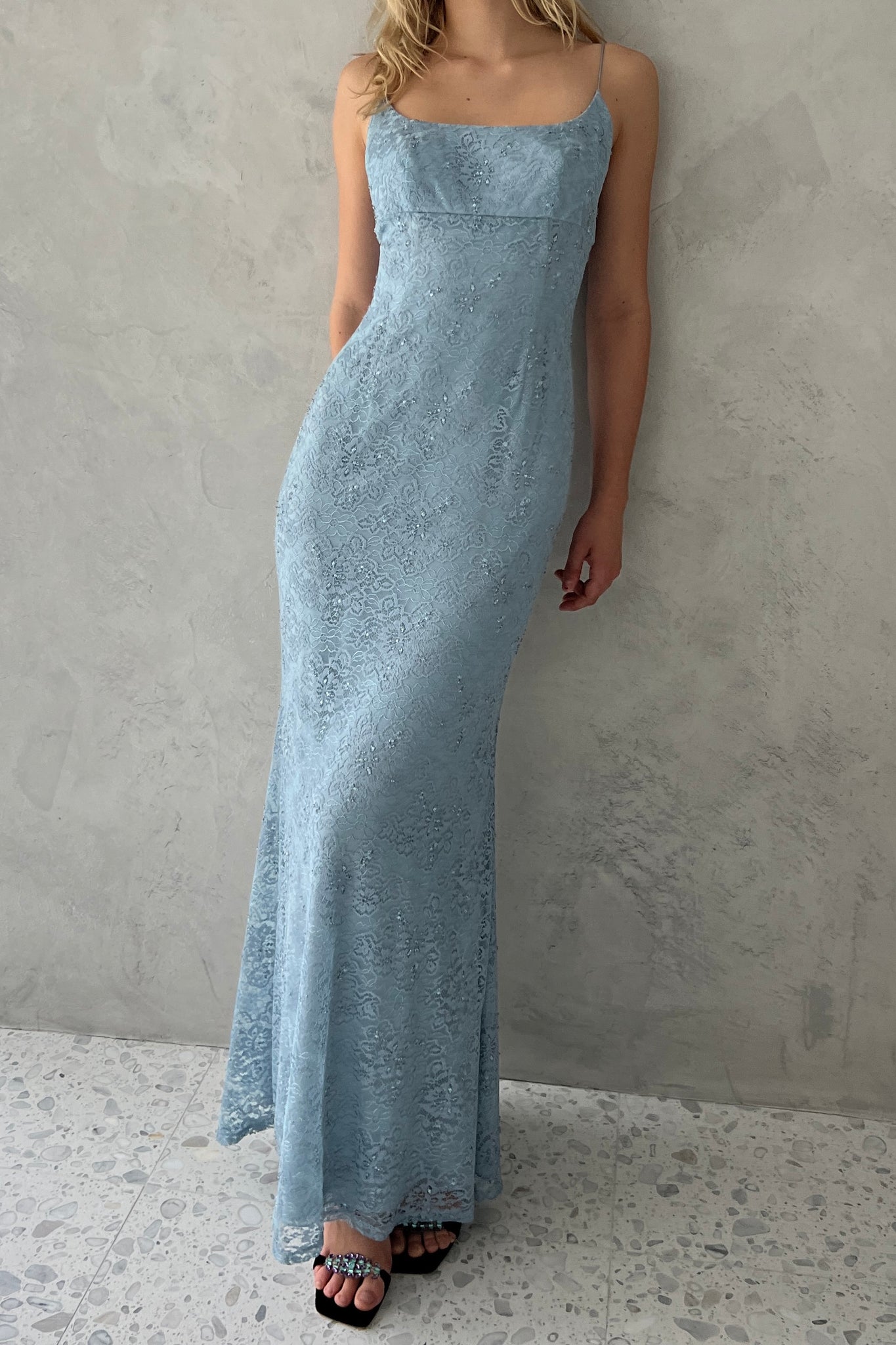 Blue Beaded Lace Column Dress