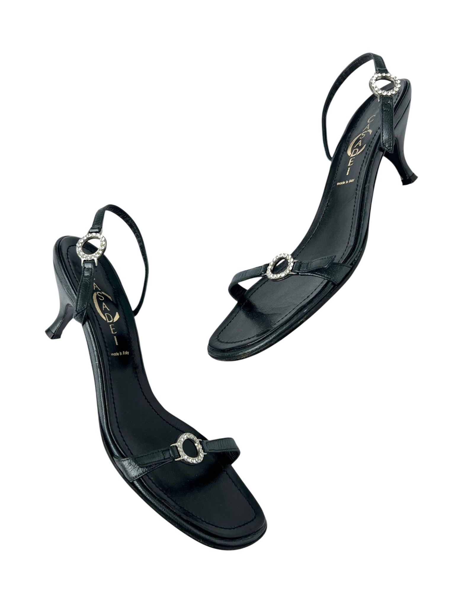 Casadei Black Leather Rhinestone Heeled Slingback Sandals - 7