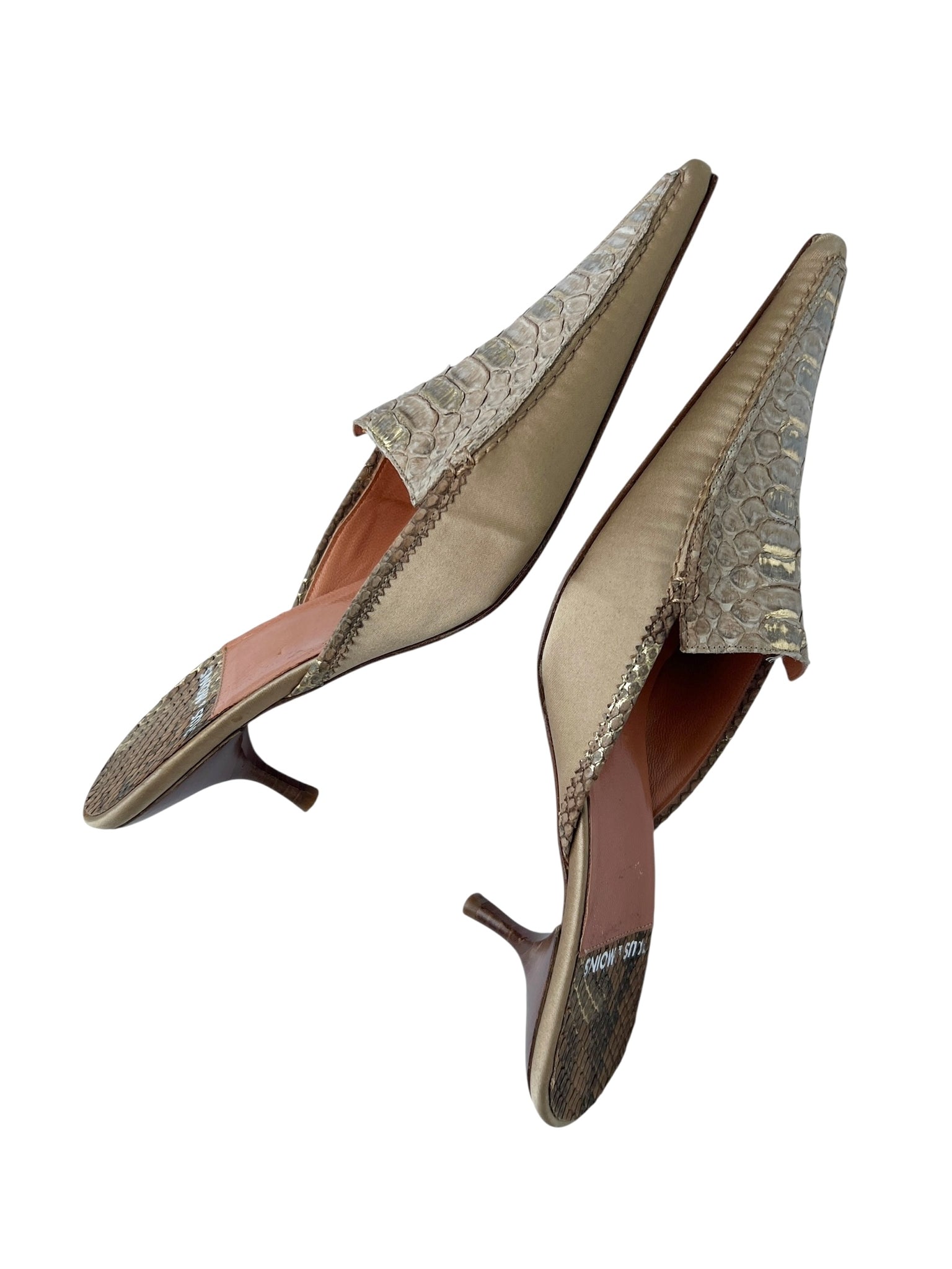 Beige Snakeskin Pointed Toe Kitten Heel Mules - 36.5