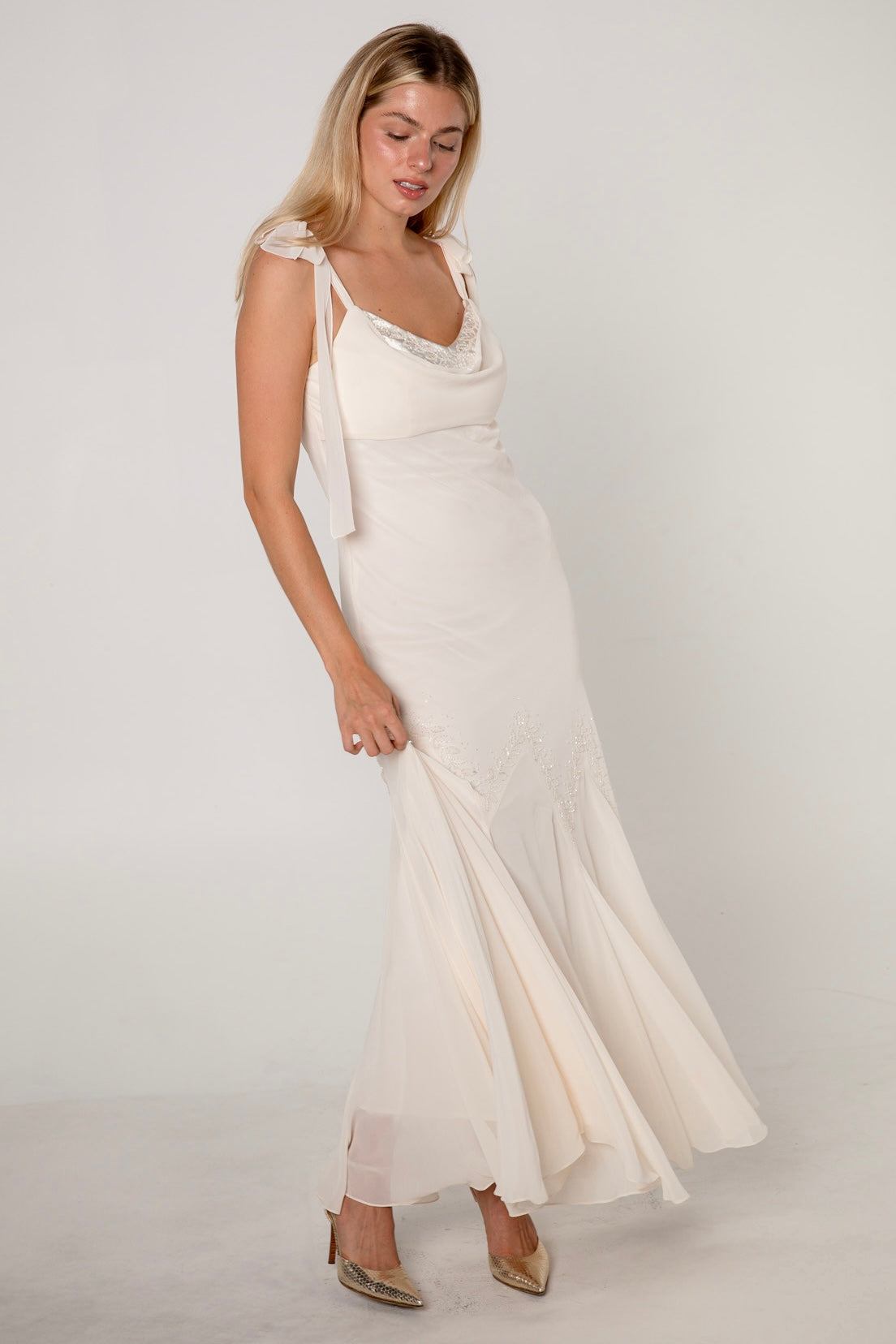 Ivory Chiffon Cowl Neck Beaded Gown