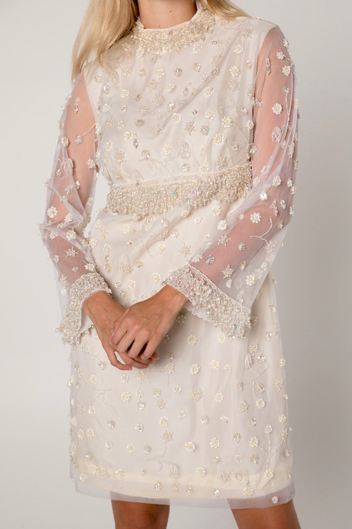 1960s Ivory Embellished Cocktail Shift Dress