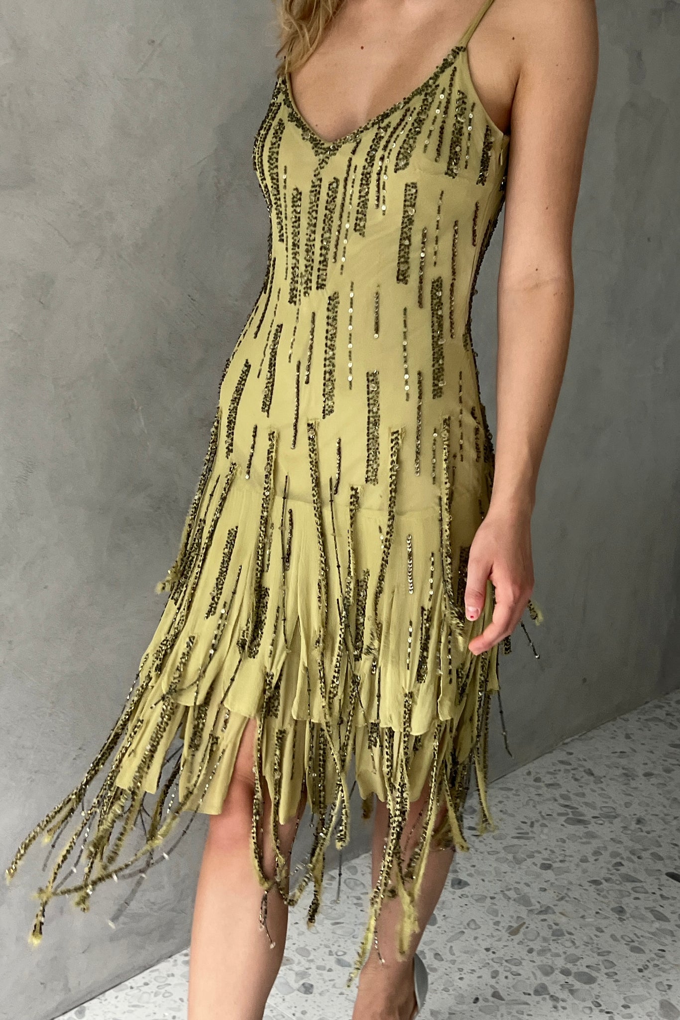 Sue Wong Green Silk Fringe Beaded Dress
