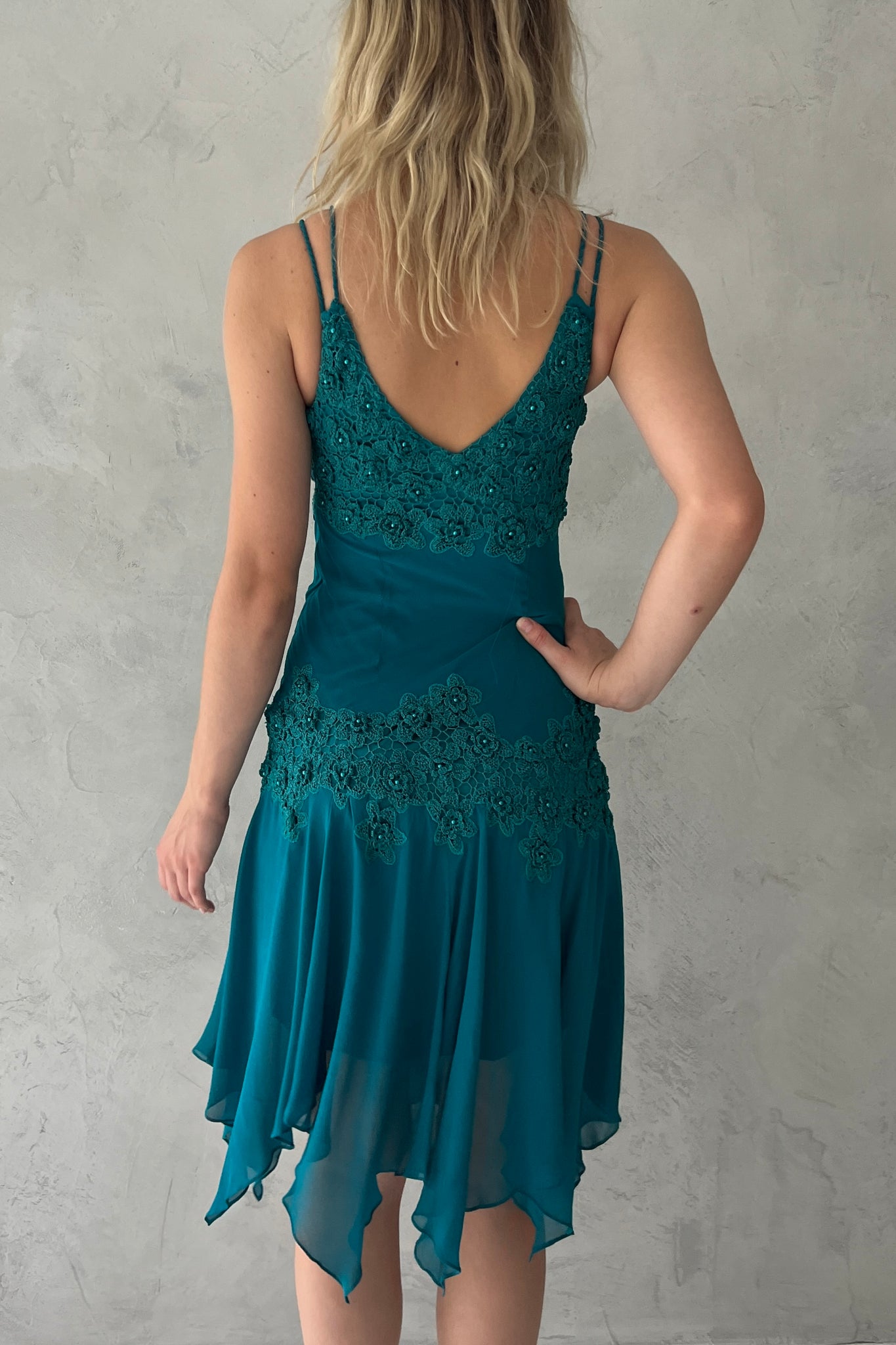 Sue Wong Teal Blue Silk Rosette Dress