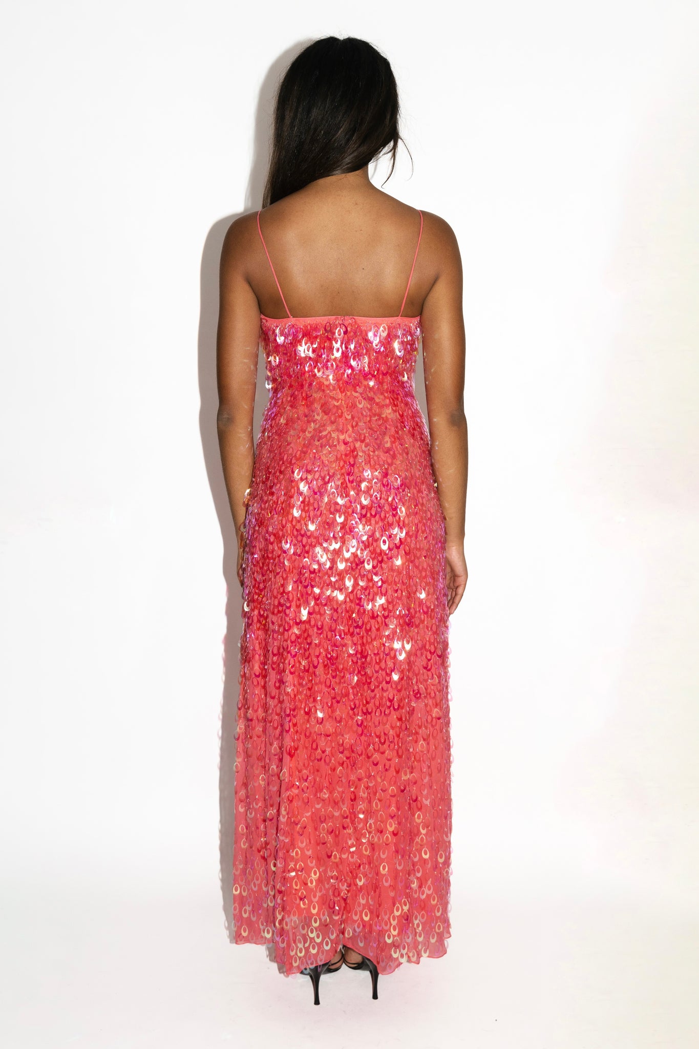 Coral Pink Iridescent Payette Sequin Gown