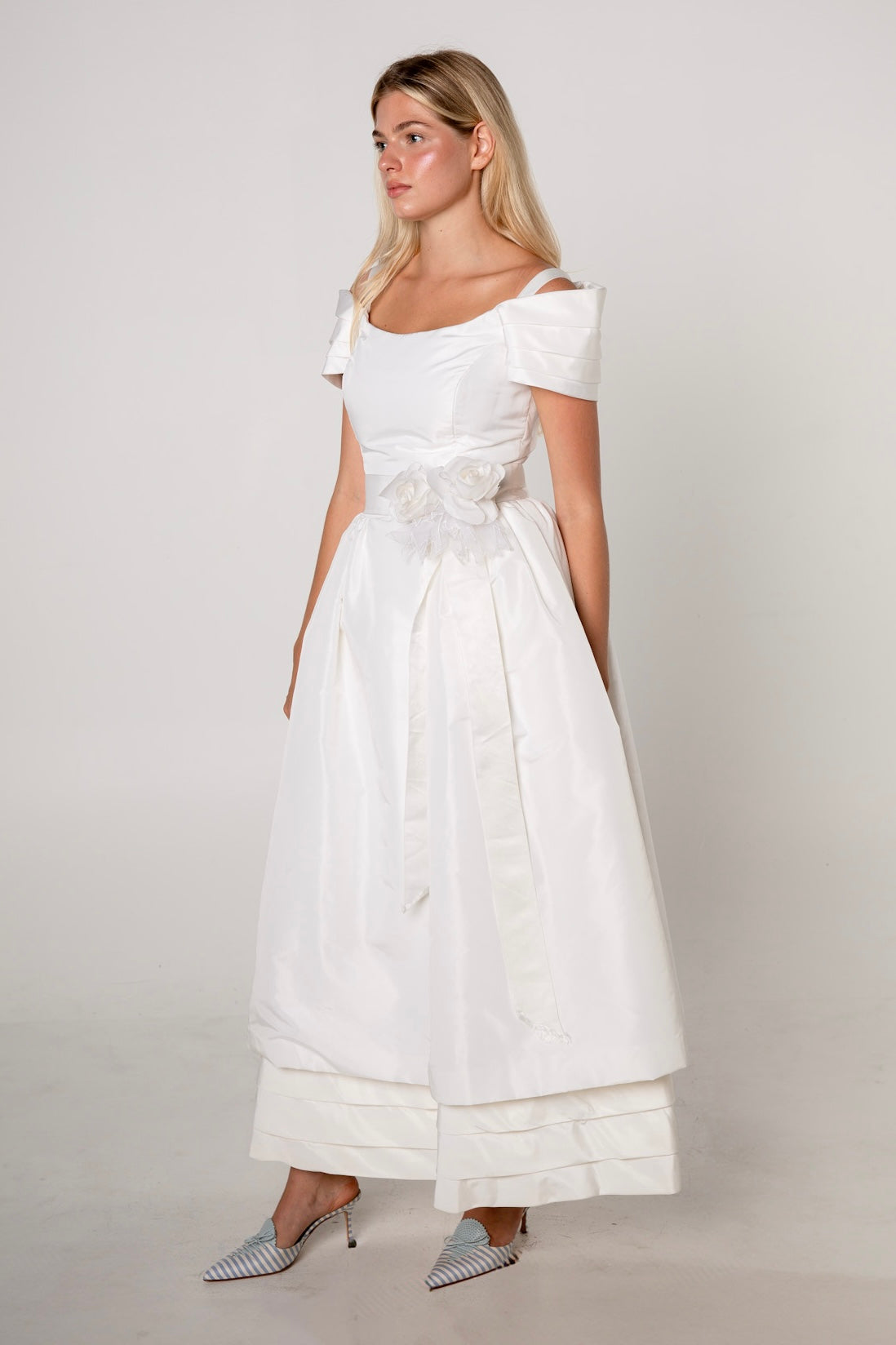Victor Costa White Taffeta Rosette Dress