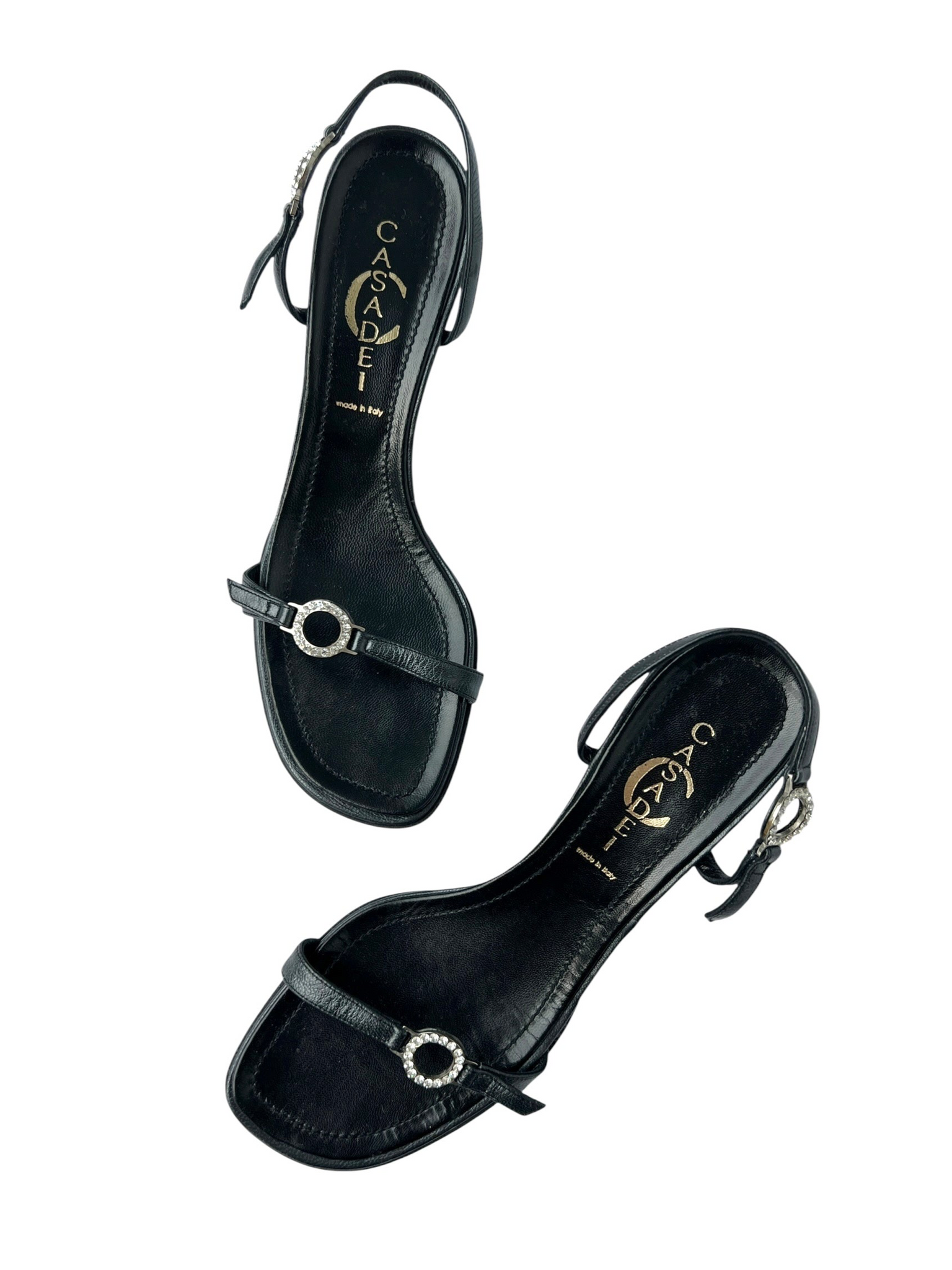 Casadei Black Leather Rhinestone Heeled Slingback Sandals - 7