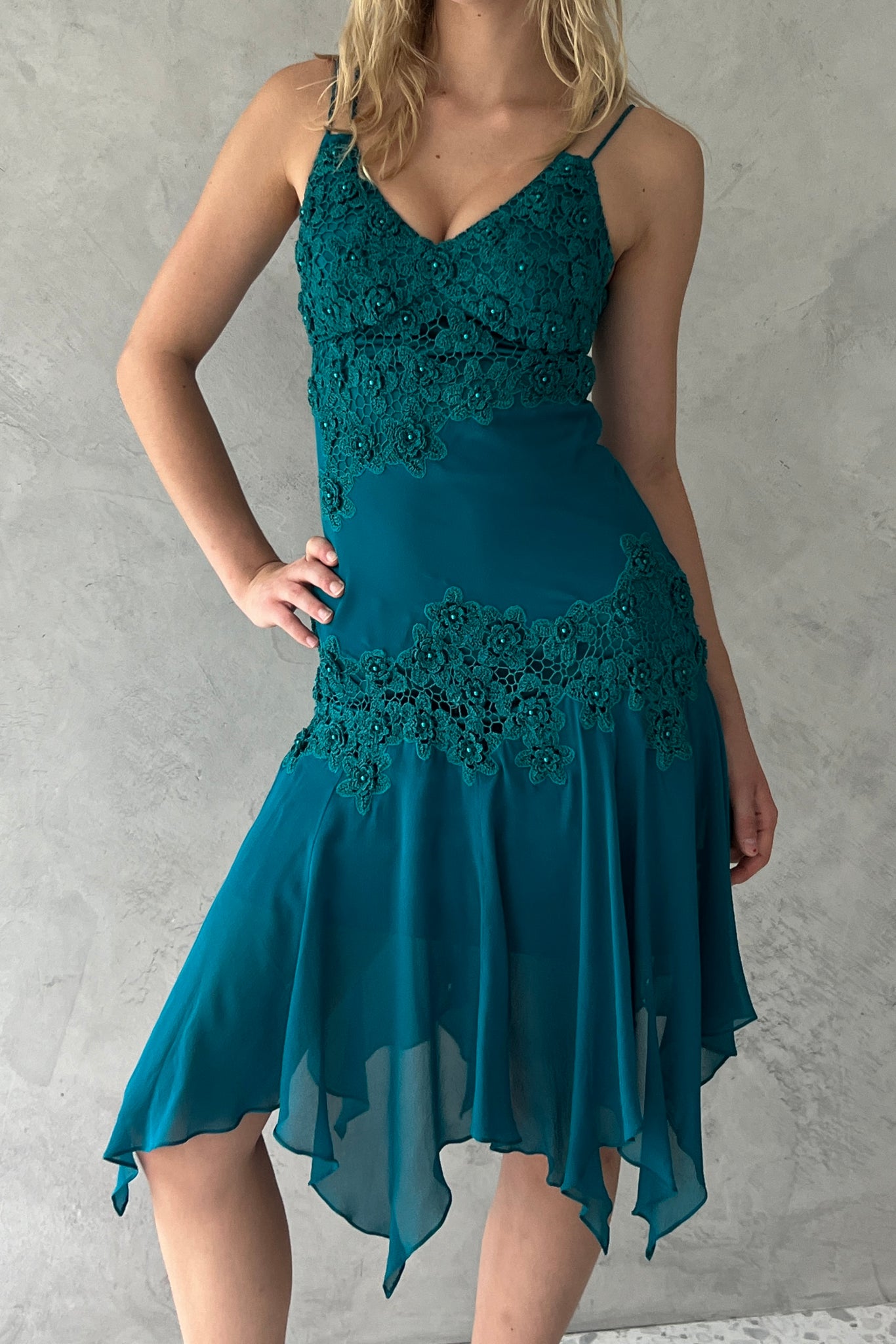 Sue Wong Teal Blue Silk Rosette Dress