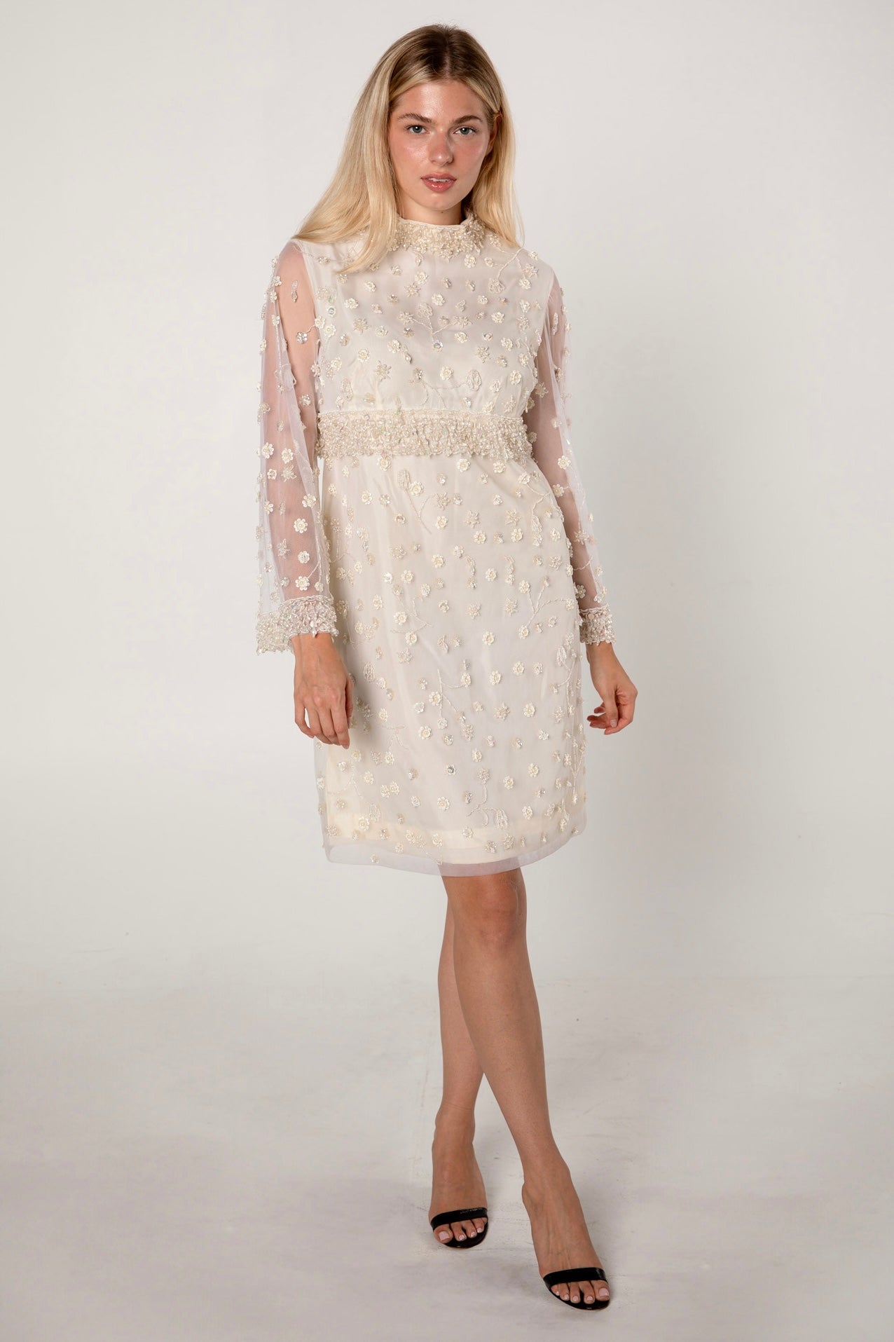 1960s Ivory Embellished Cocktail Shift Dress