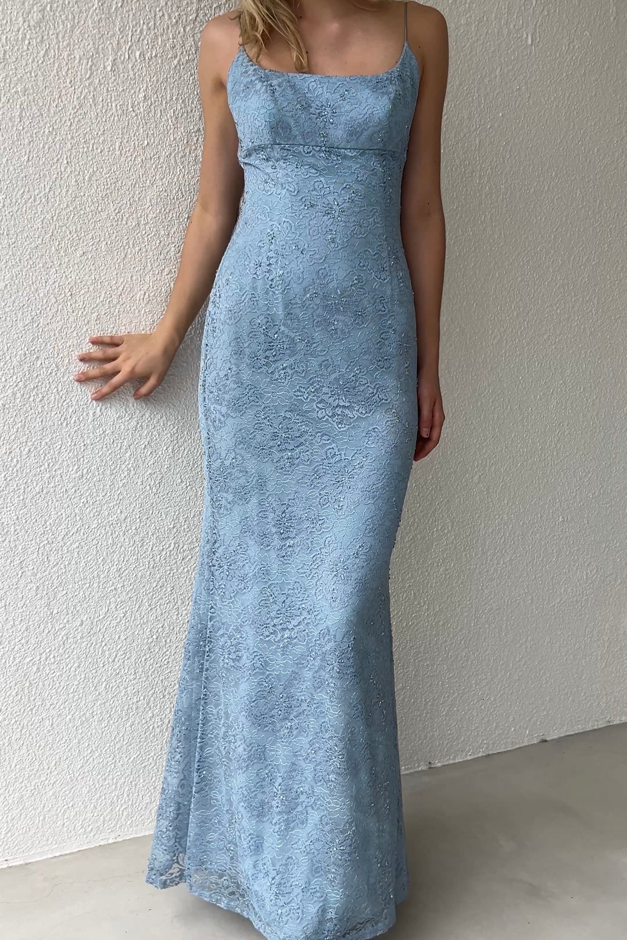 Blue Beaded Lace Column Dress