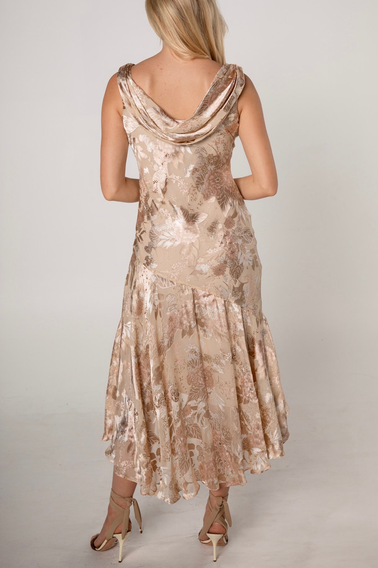 Champagne Floral Silk Devoré Asymmetrical Dress