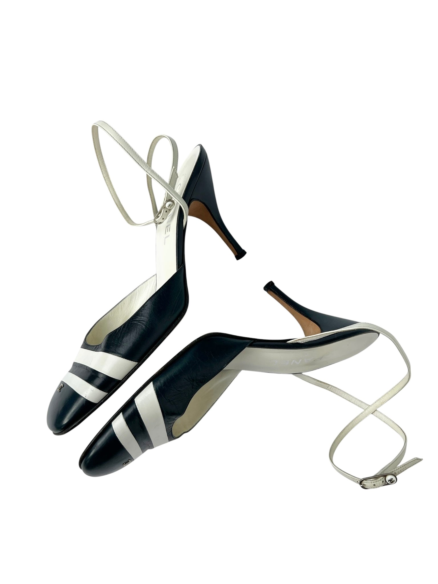 Chanel Navy & White Stripe Ankle Strap Heels - 40