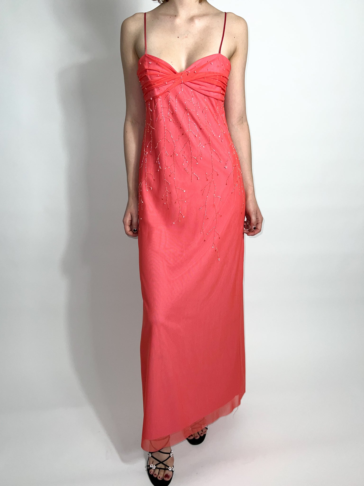 Coral Beaded Mesh Gown