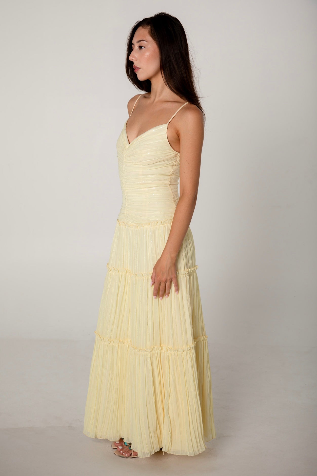 Jessica McClintock Yellow Pleated Maxi Dress