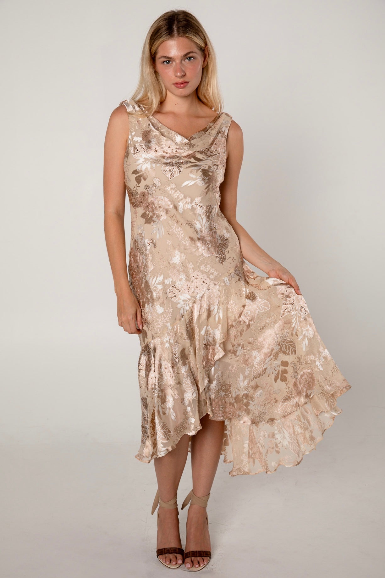 Champagne Floral Silk Devoré Asymmetrical Dress