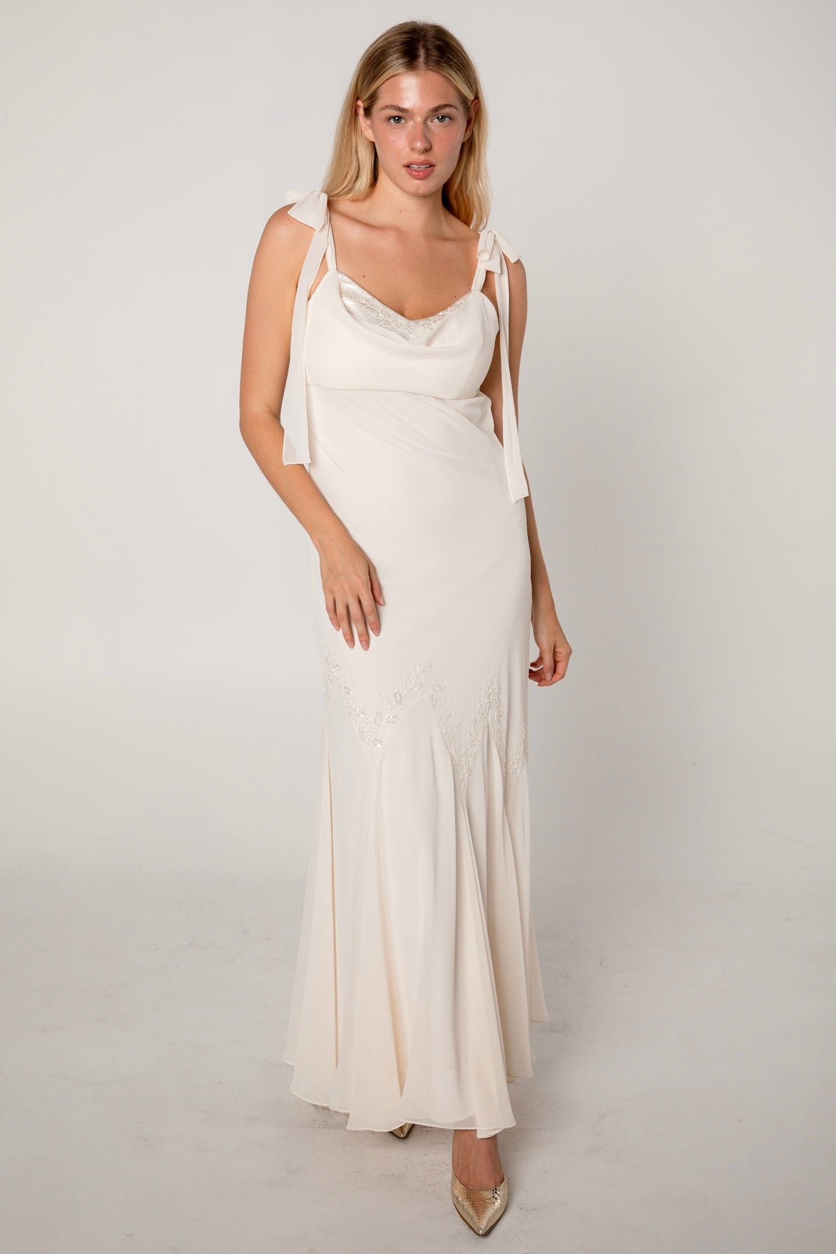 Ivory Chiffon Cowl Neck Beaded Gown