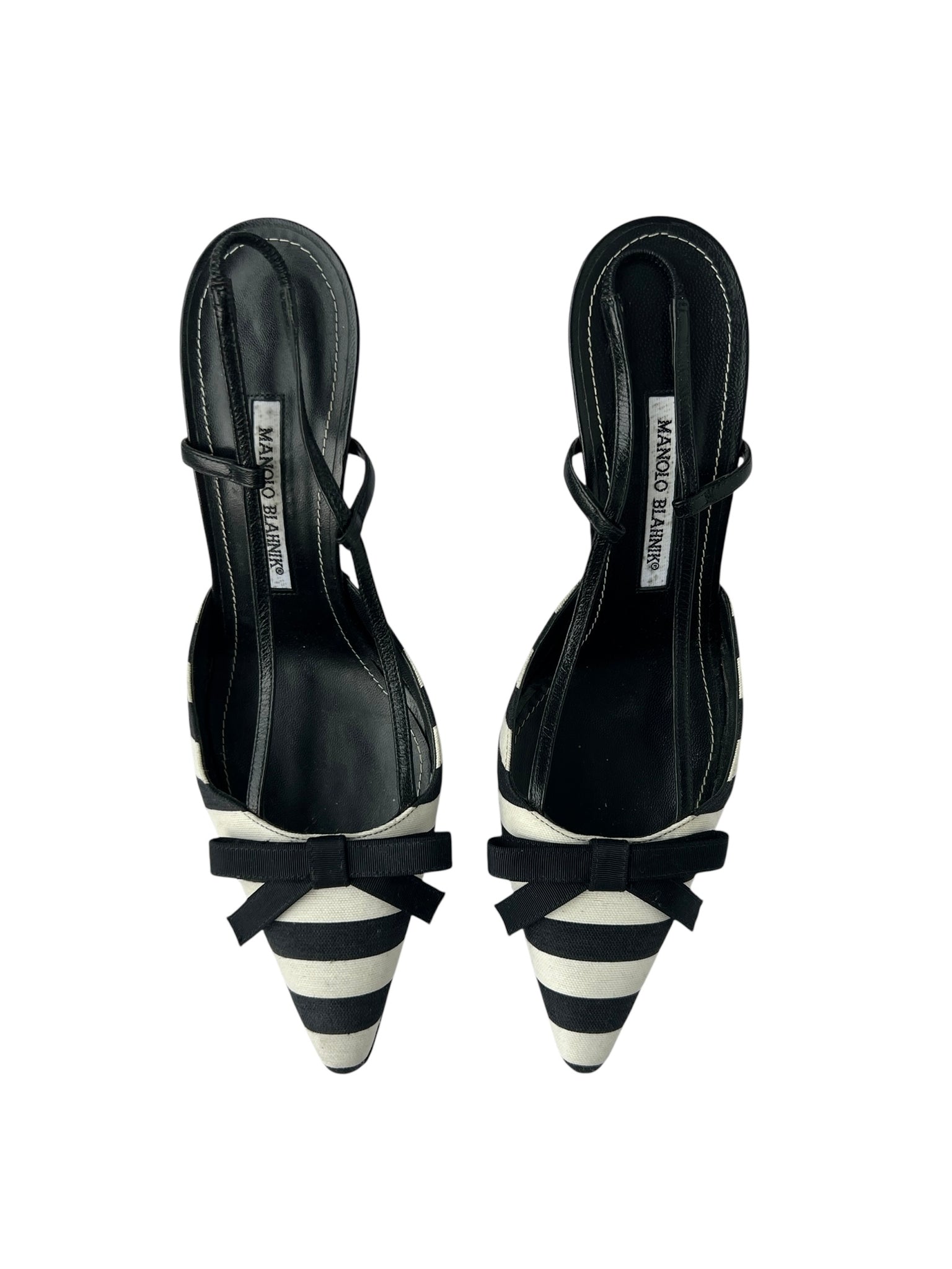 Manolo Blahnik Black White Stripe Bow Slingback Heels - 40.5