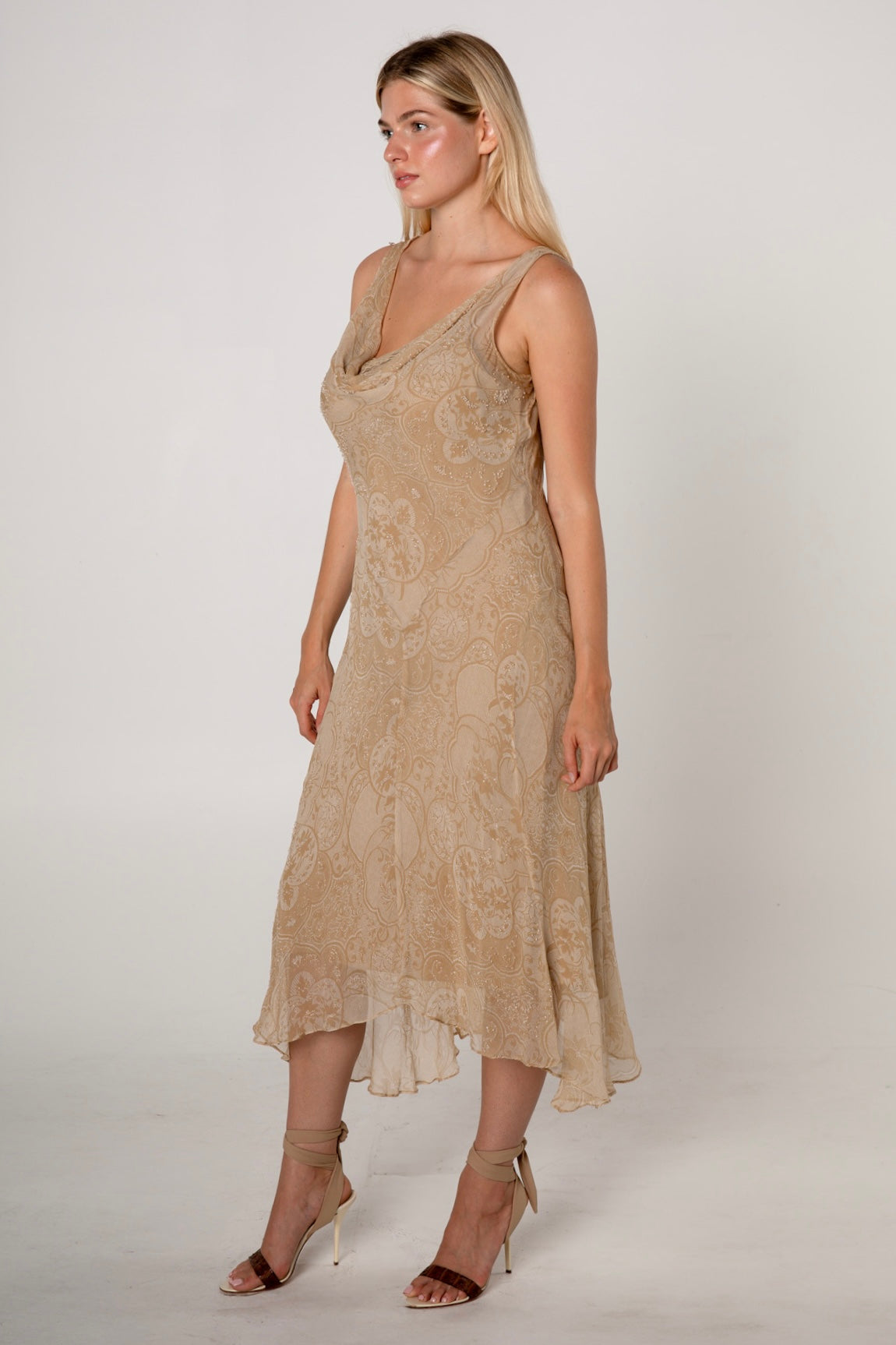 Gold Floral Printed Silk Chiffon Beaded Dress