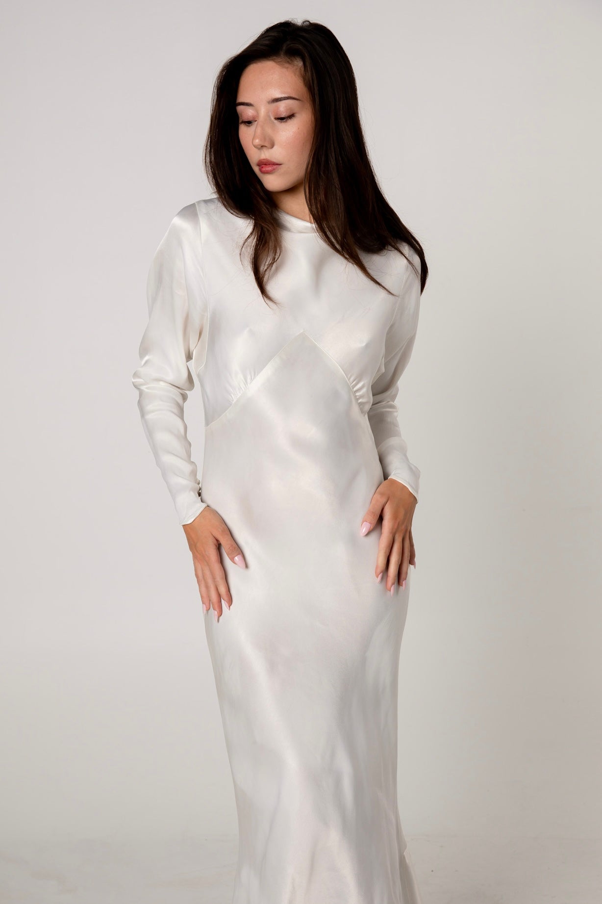 1930s White Satin Long Sleeve Wedding Gown