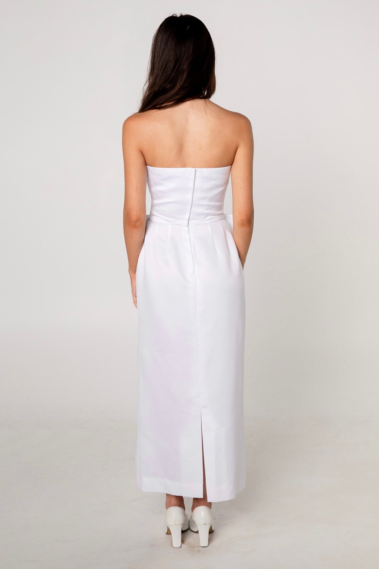 Victor Costa White Draped Bow Dress
