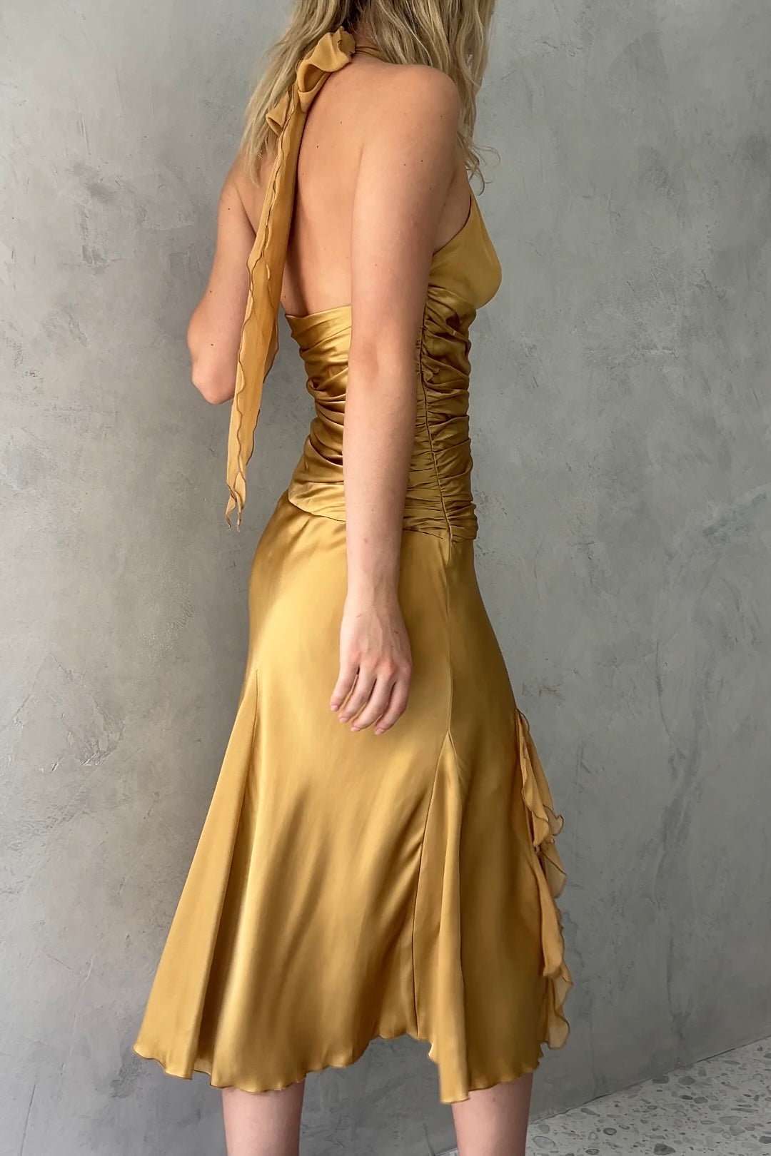 Cache Gold Silk Satin Halter Dress