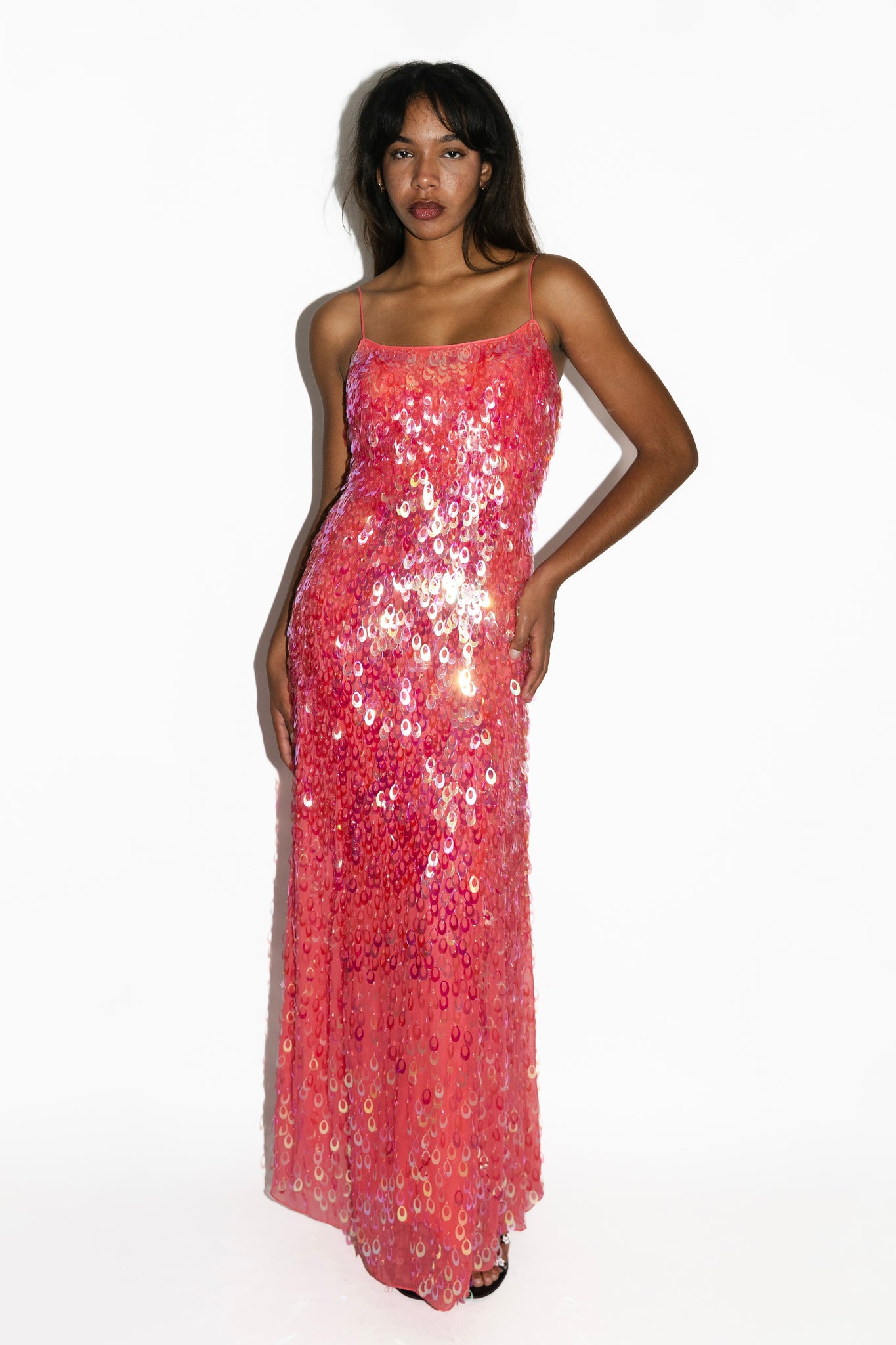 Coral Pink Iridescent Payette Sequin Gown