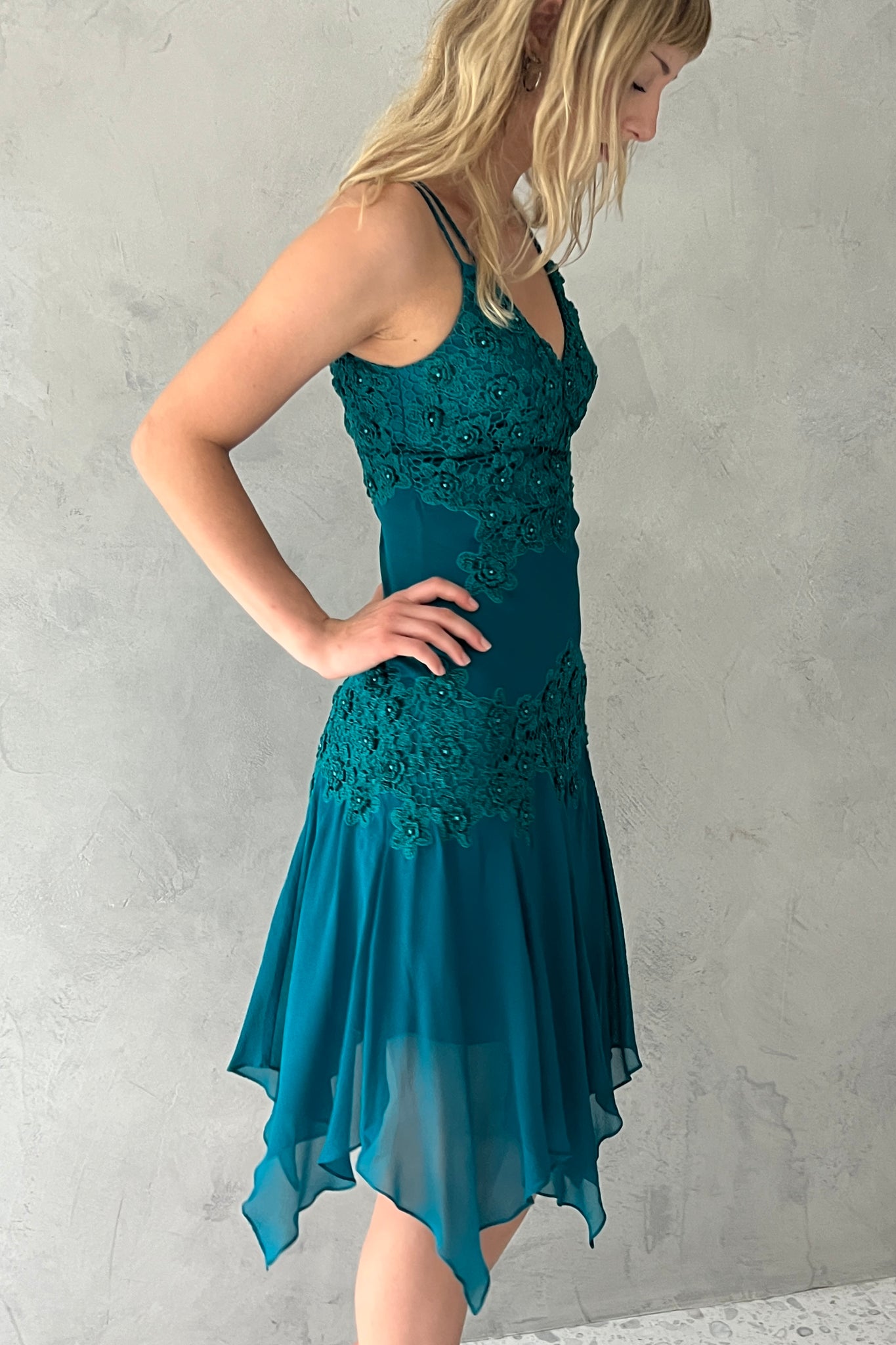 Sue Wong Teal Blue Silk Rosette Dress