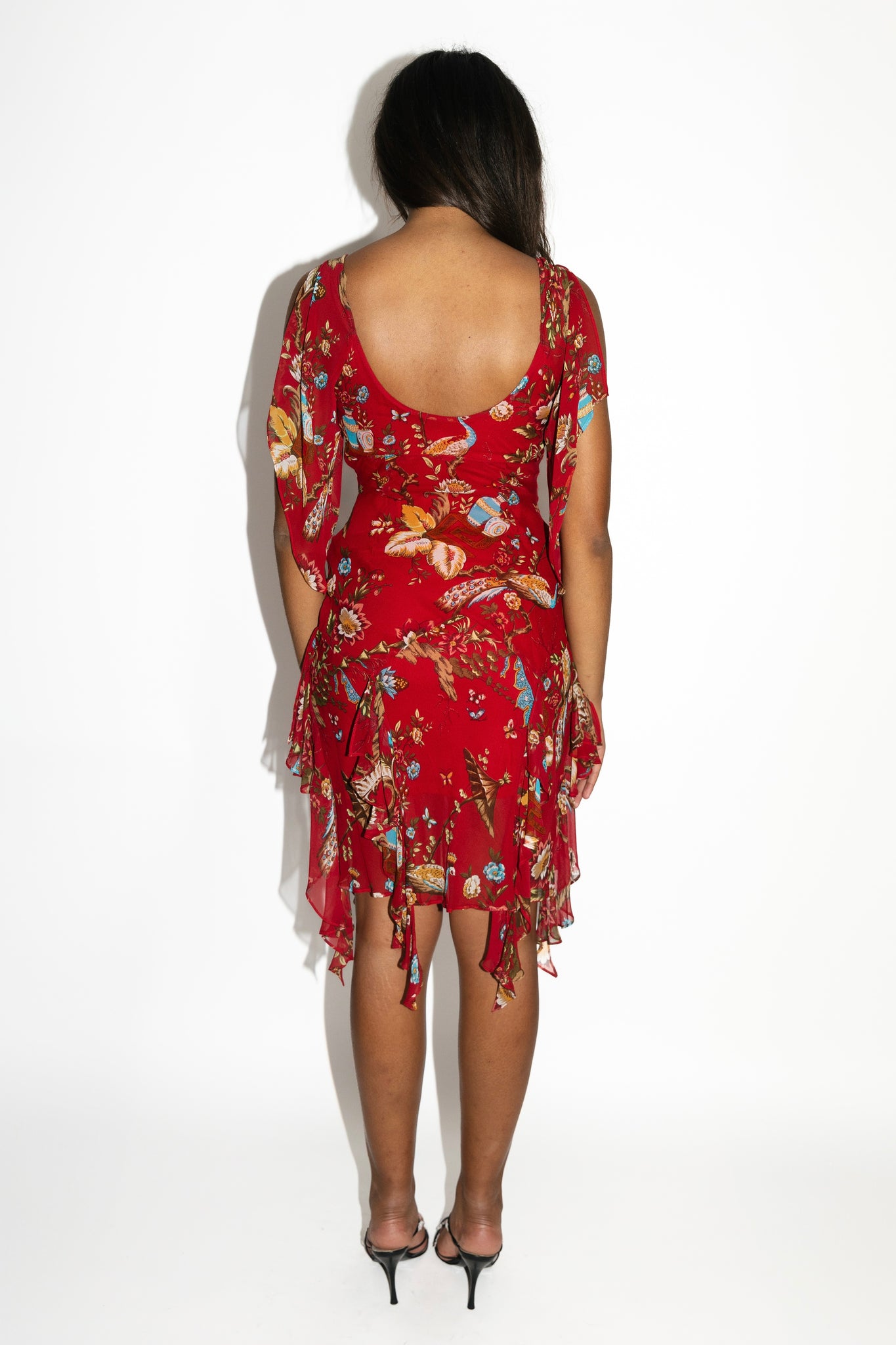 Sue Wong Red Floral Printed Silk Flutter Sleeve Ruffle Dress