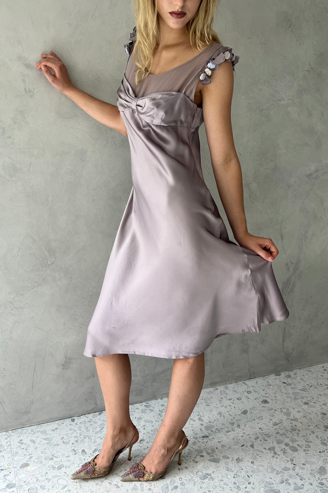 Moschino Lavender Silk Rosette Dress