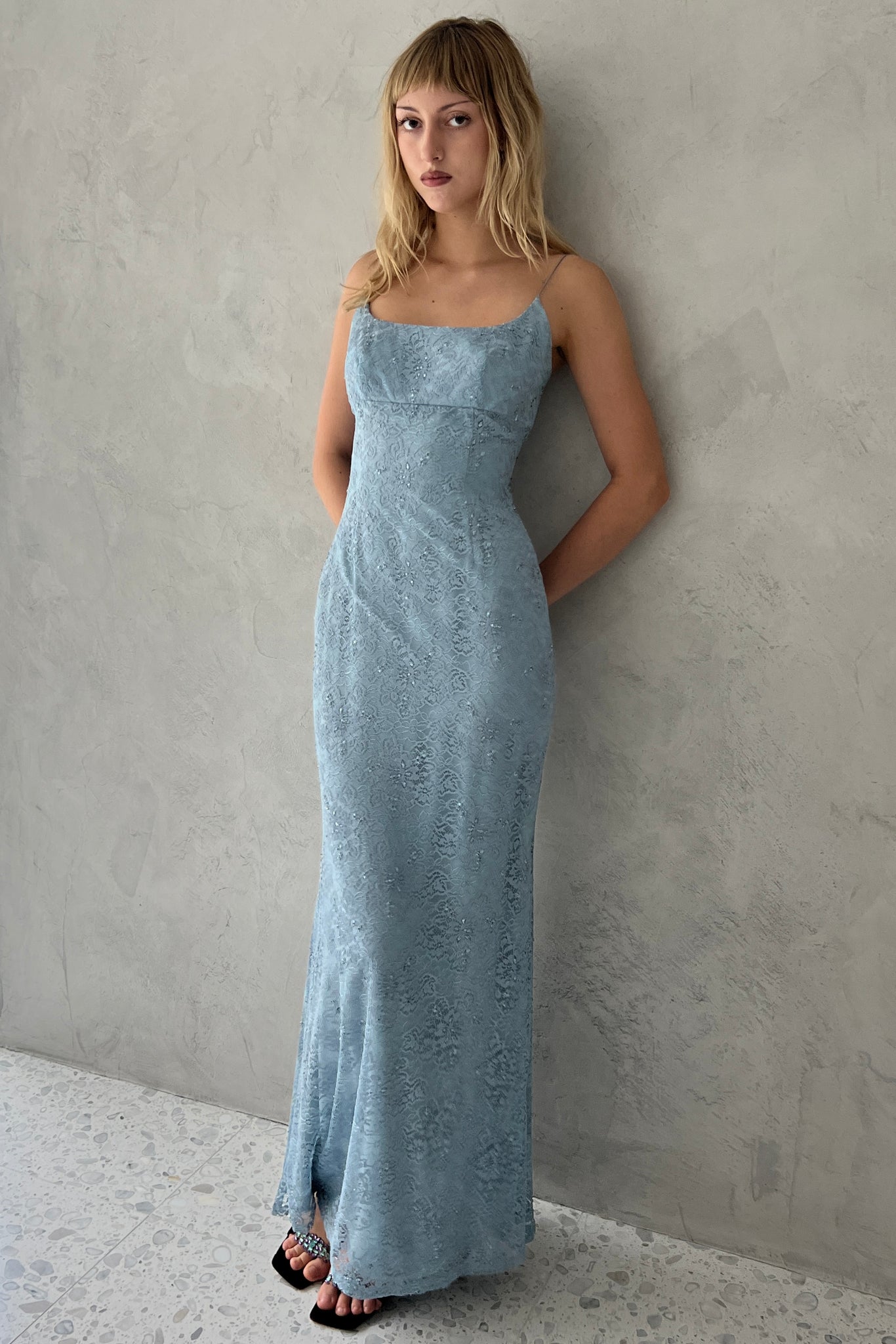 Blue Beaded Lace Column Dress