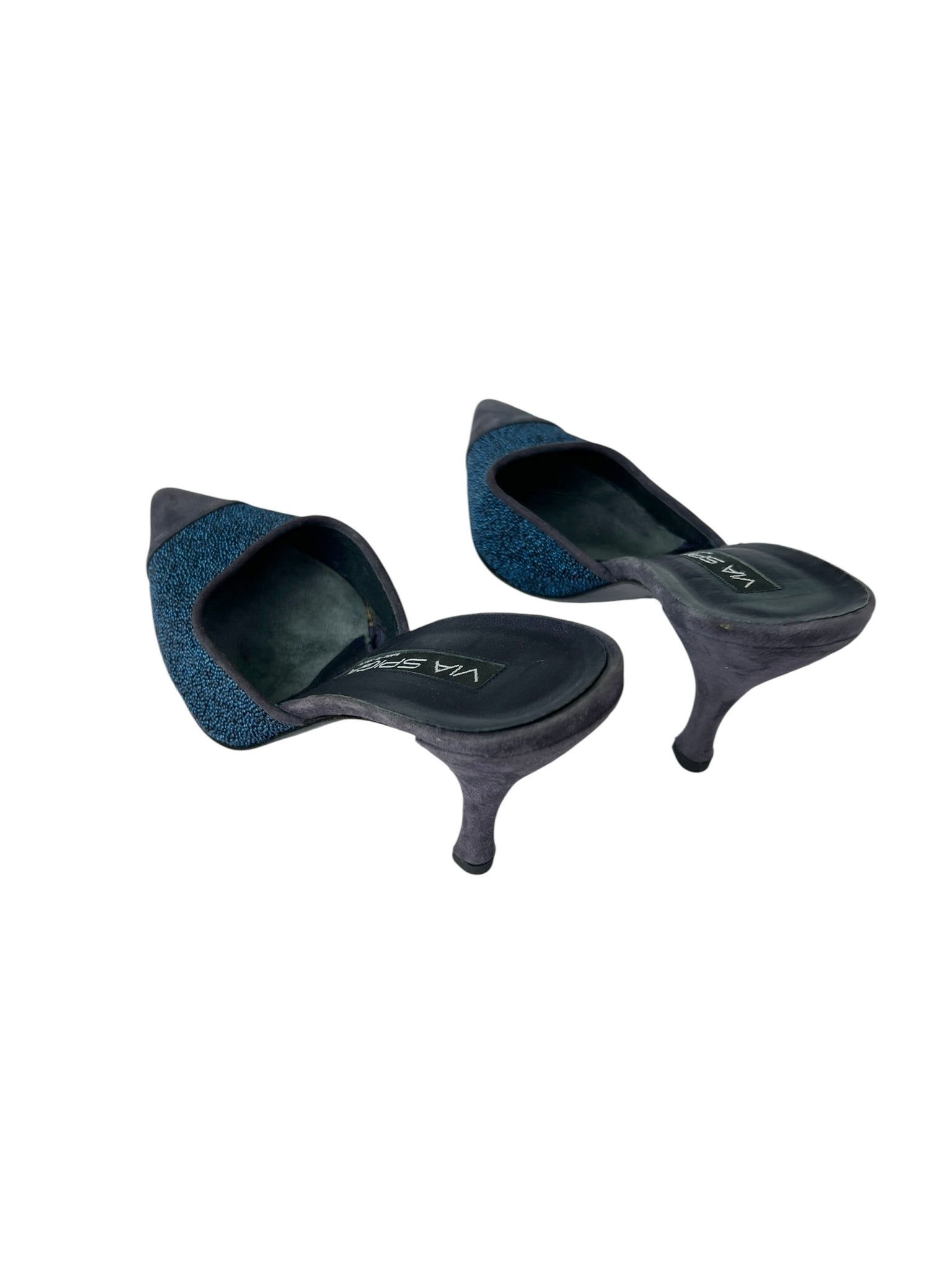 Blue Beaded Suede Leather Heeled Mules - 7