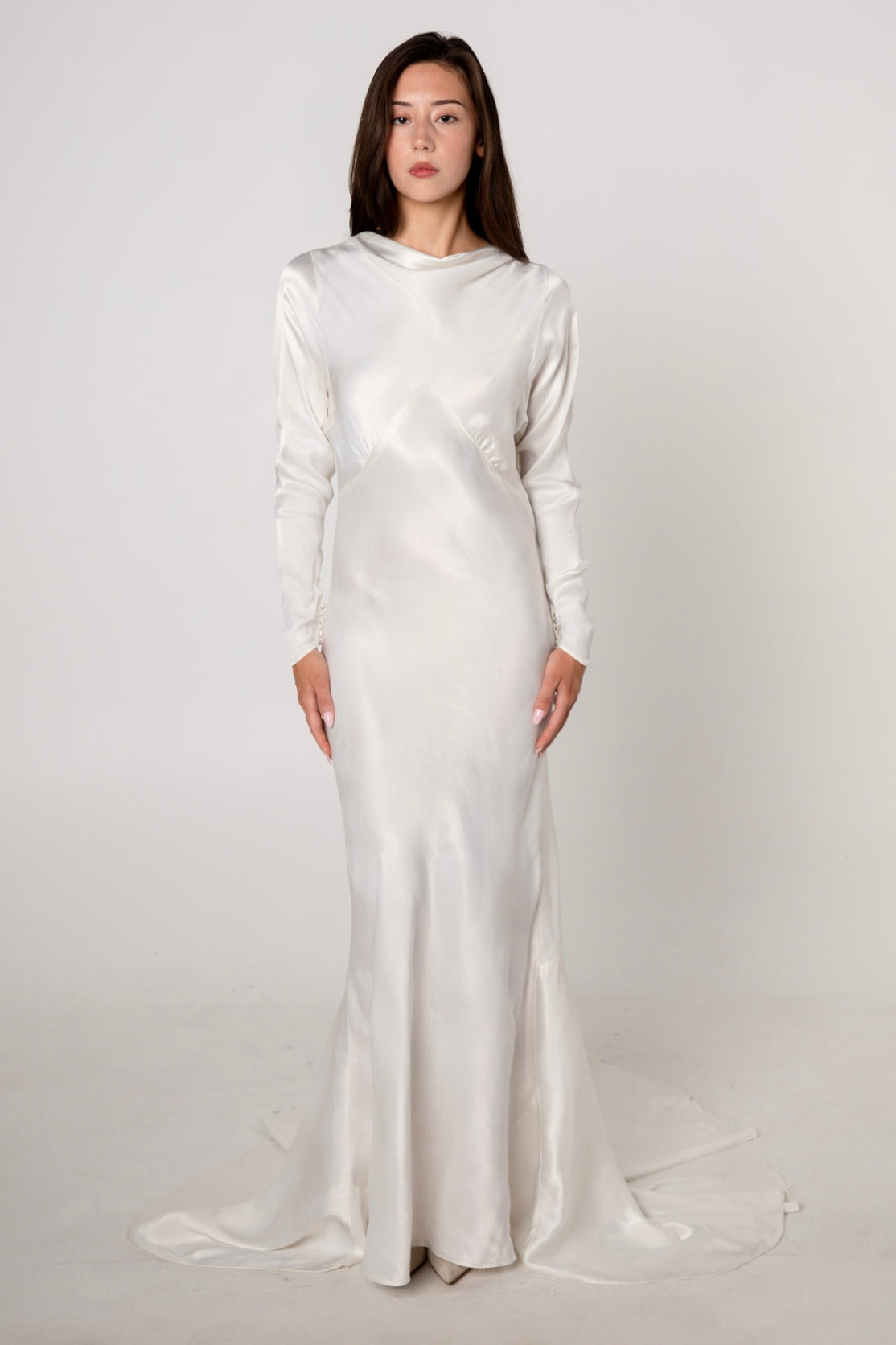 1930s White Satin Long Sleeve Wedding Gown