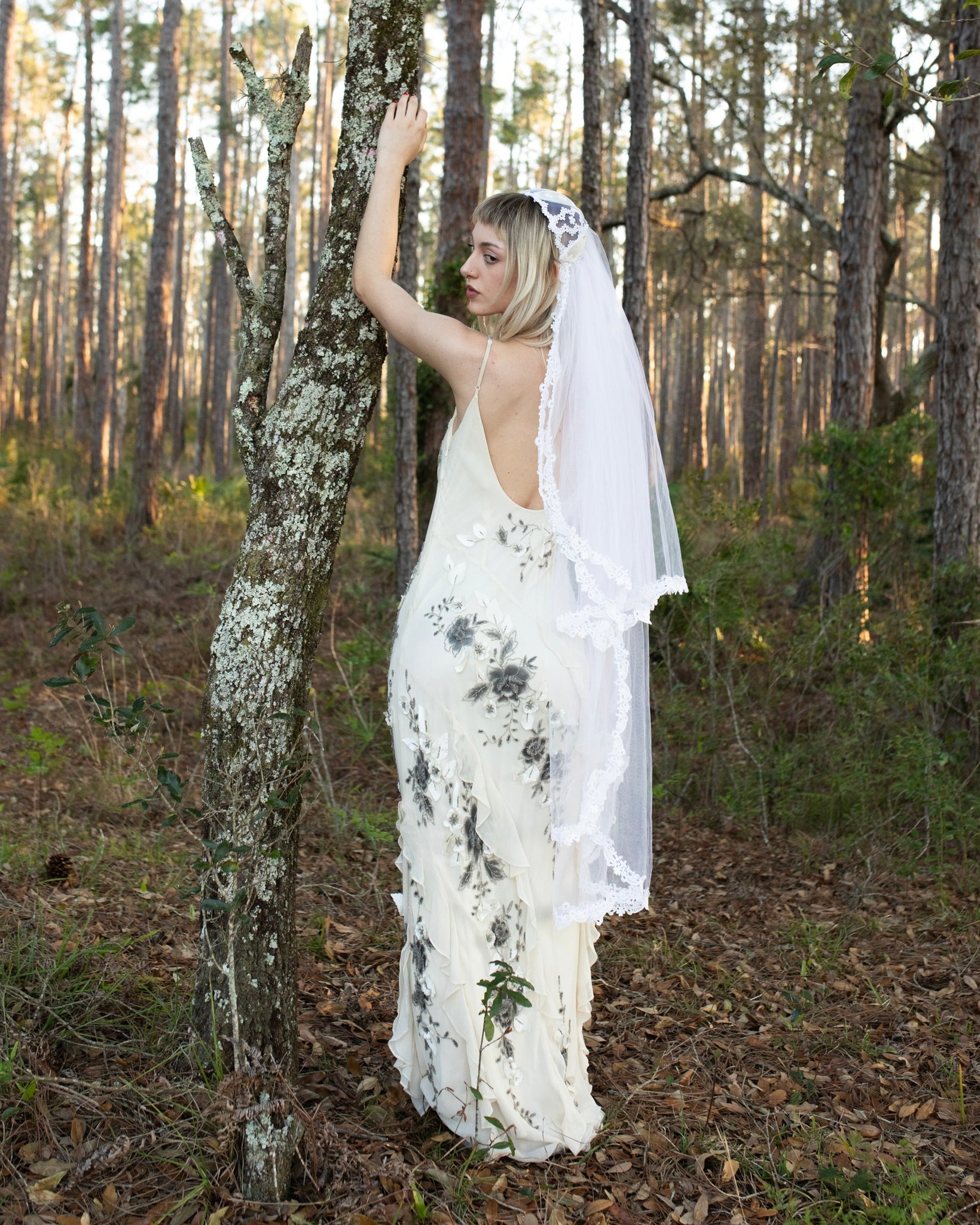 Sue Wong Ivory Silk Floral Embellished Ruffle Gown