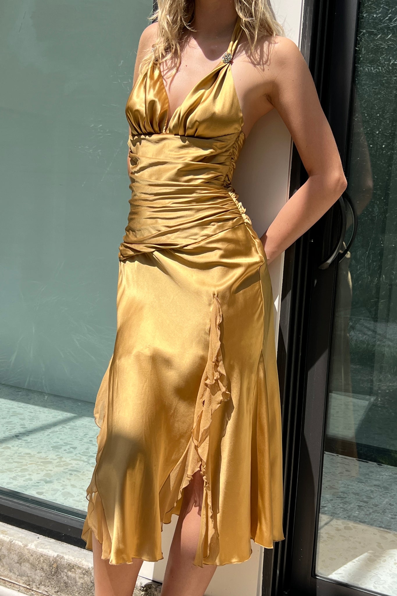 Cache Gold Silk Satin Halter Dress