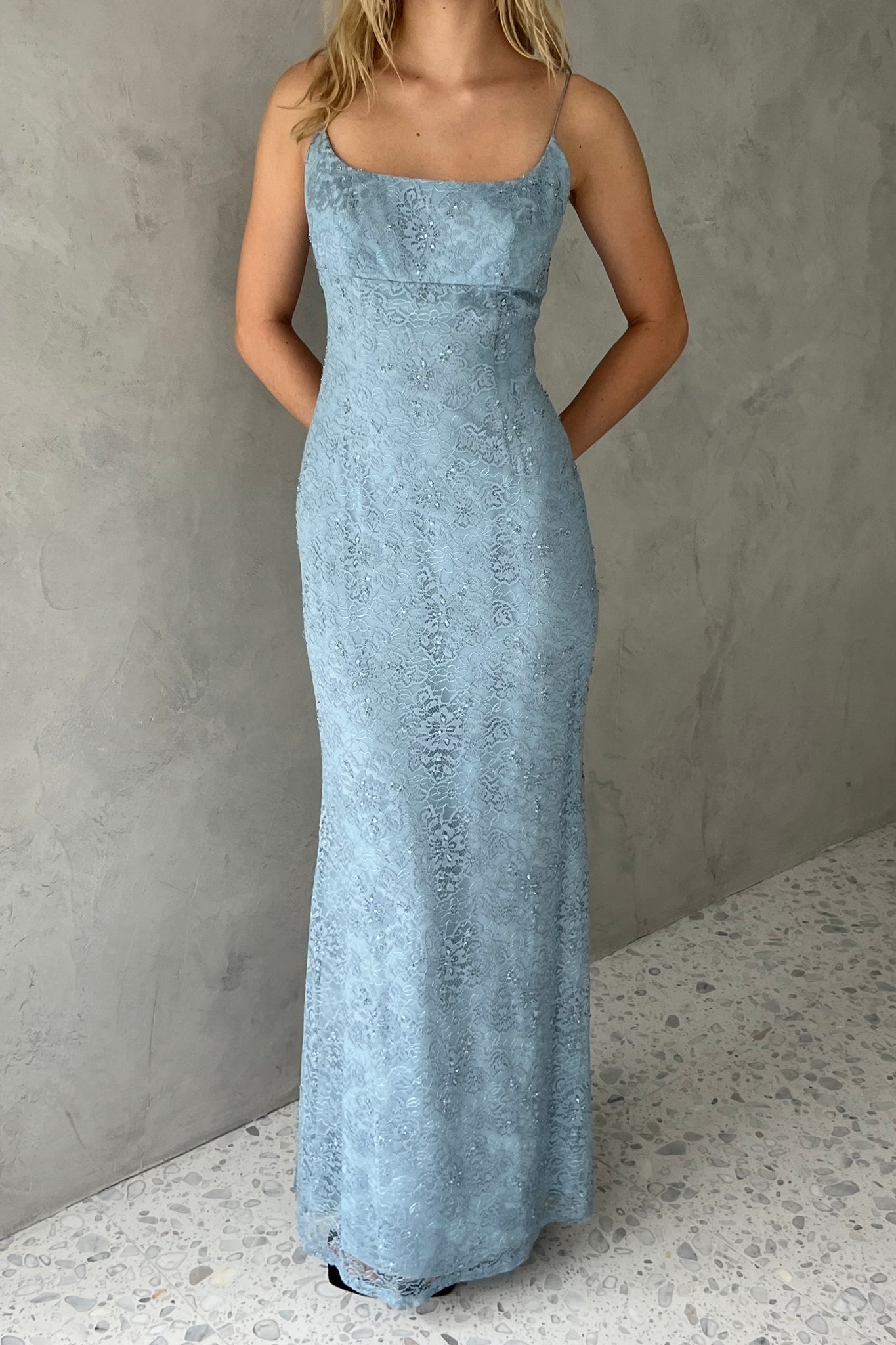 Blue Beaded Lace Column Dress