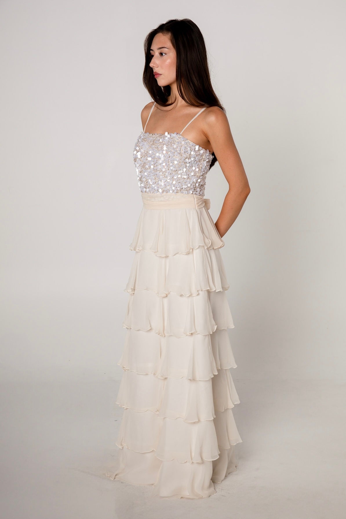 Ivory Silk Tiered Sequin Gown