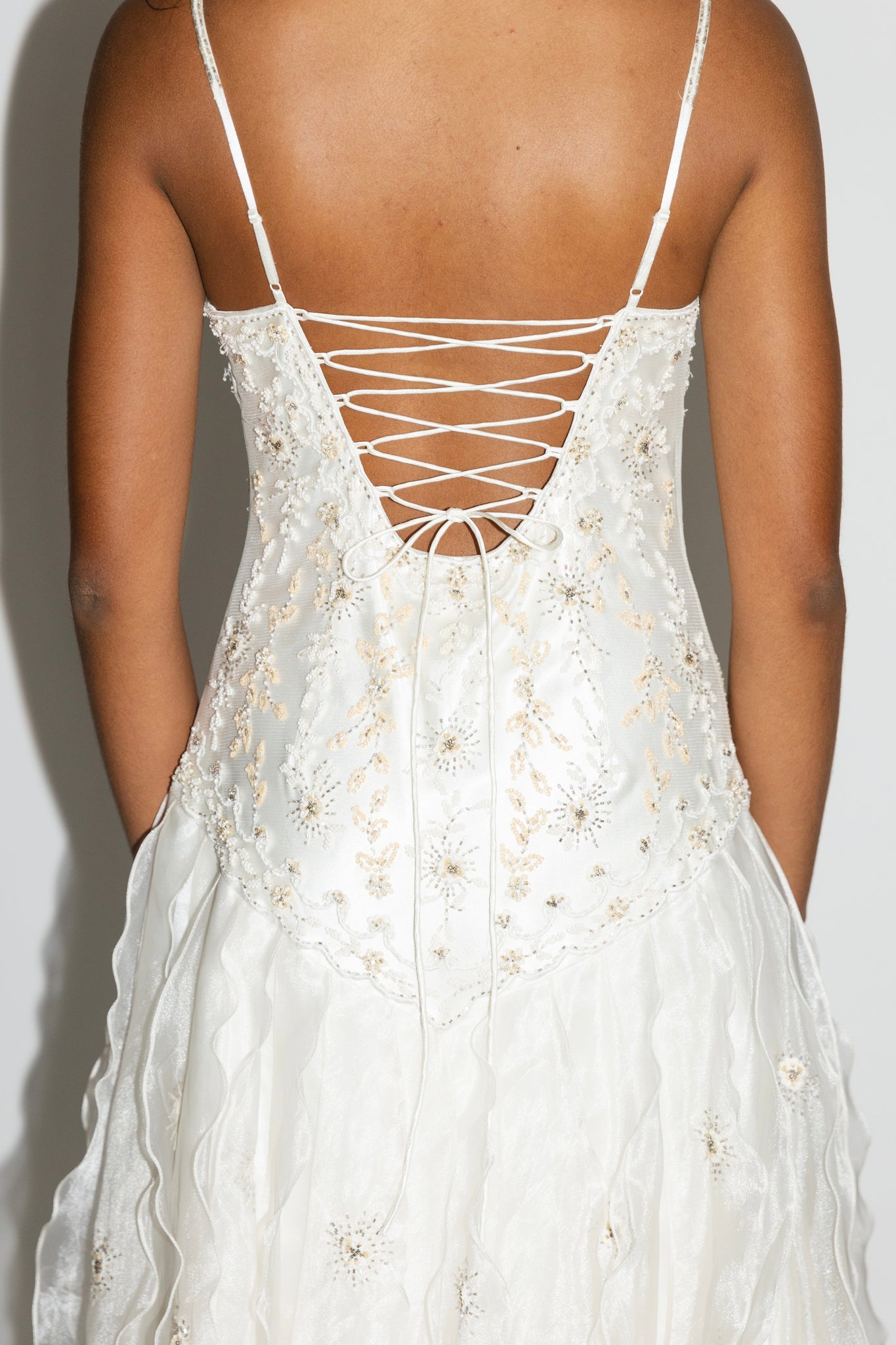 Sue Wong White Beaded Organza Ruffle Gown