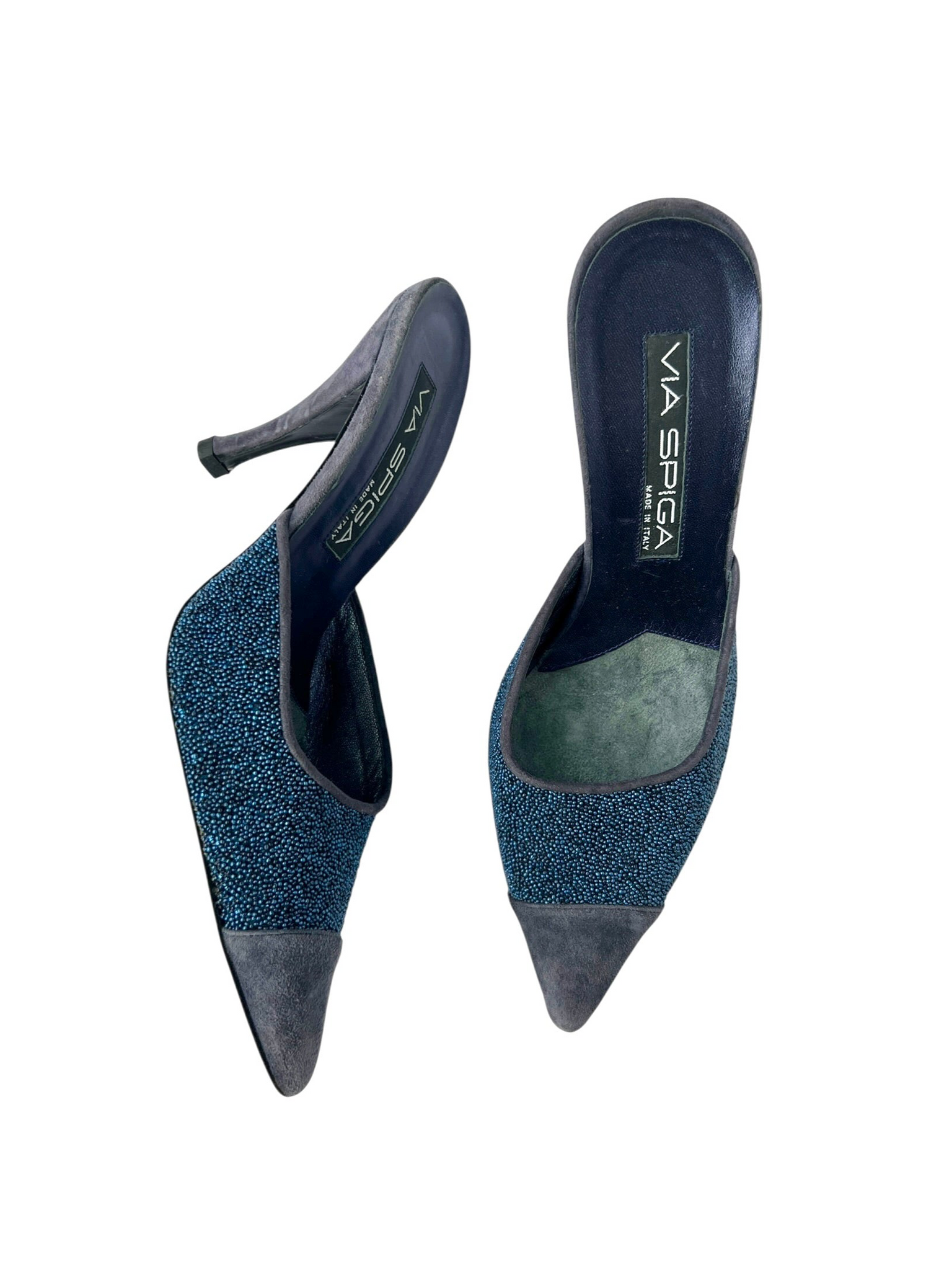 Blue Beaded Suede Leather Heeled Mules - 7