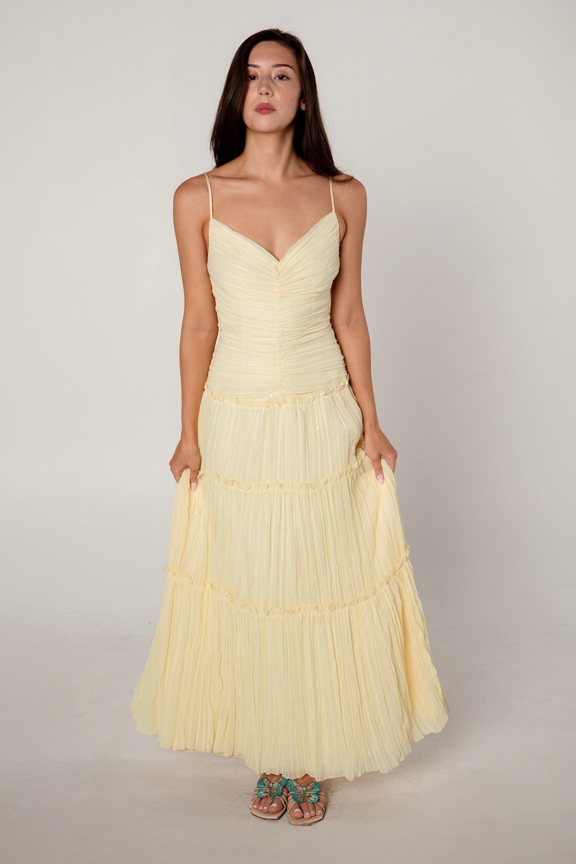 Jessica McClintock Yellow Pleated Maxi Dress