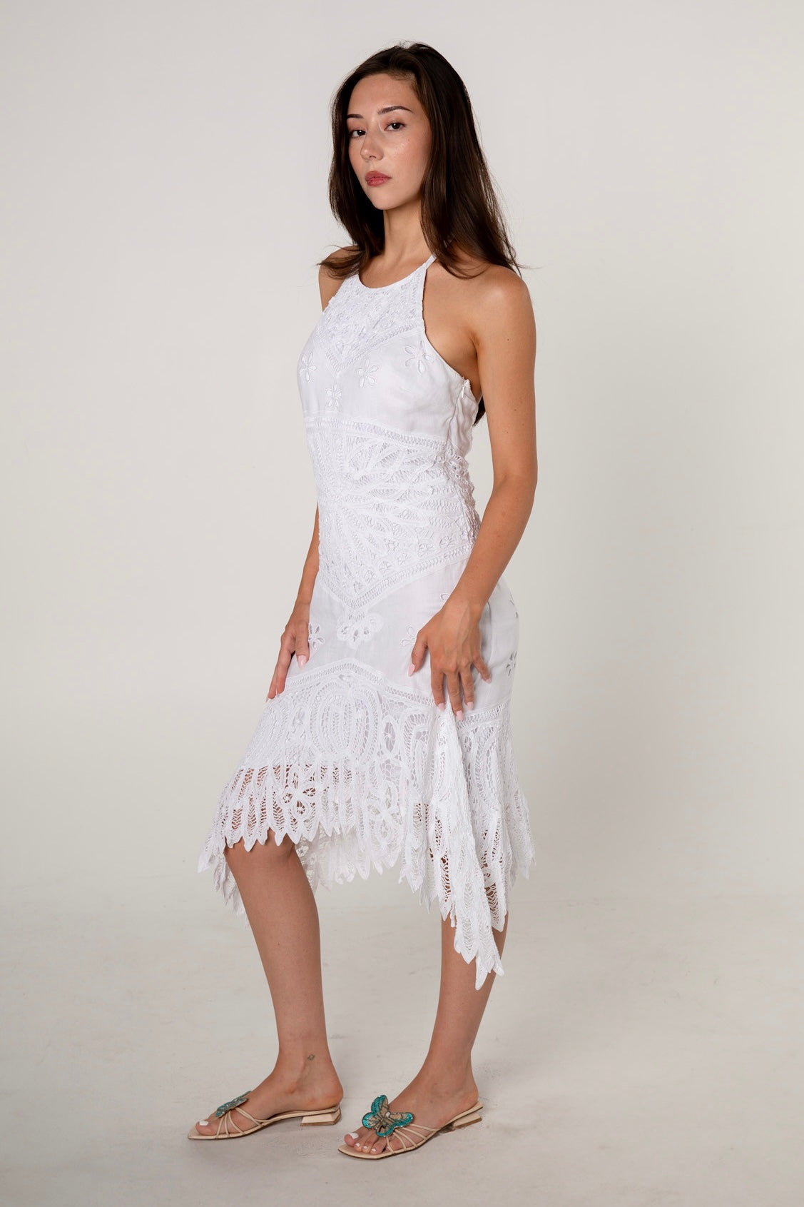 Sue Wong White Crochet Linen Halter Dress