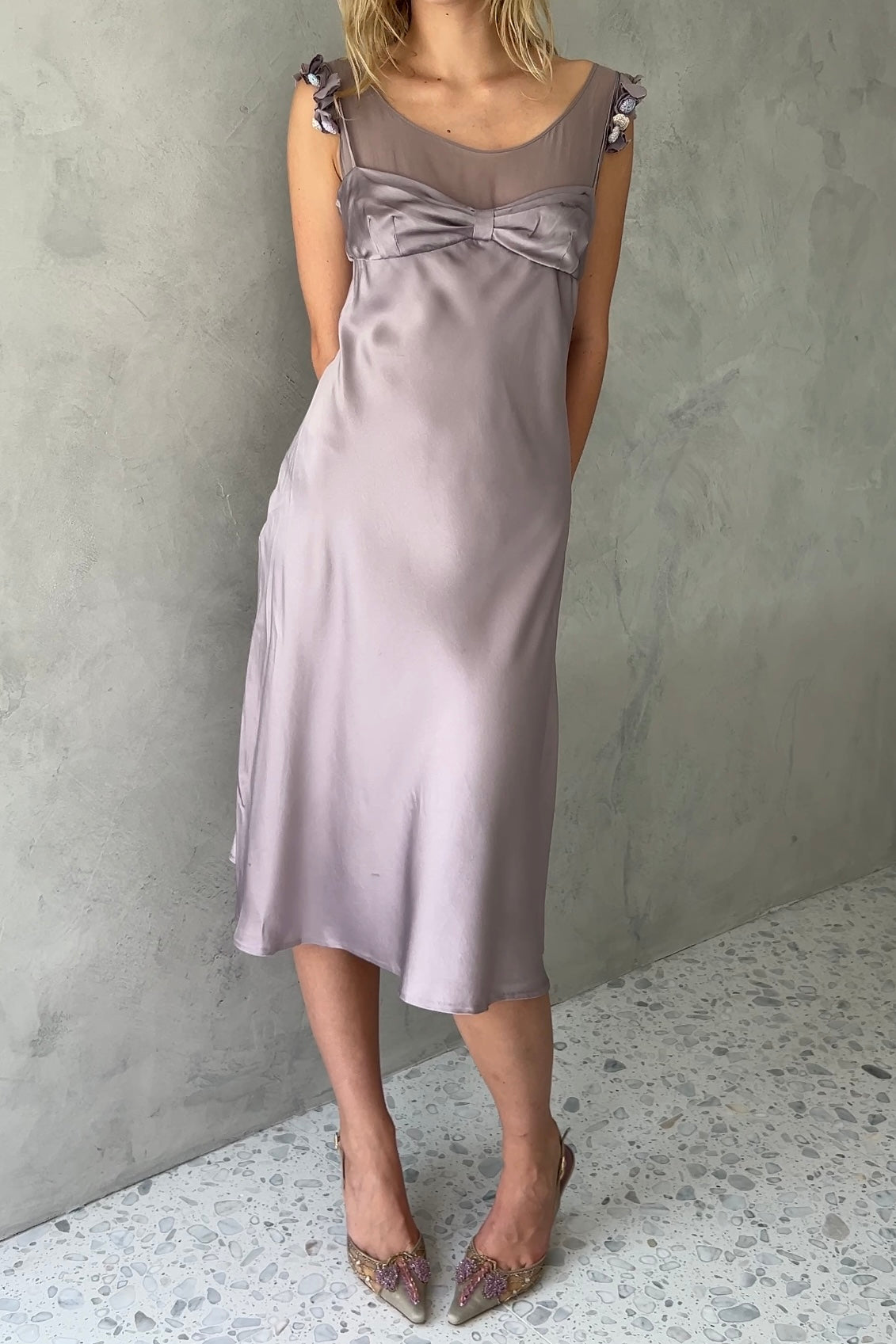 Moschino Lavender Silk Rosette Dress