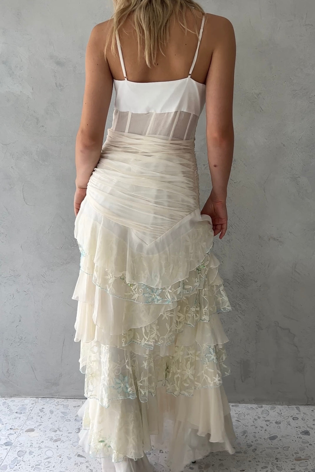 White Tiered Silk Chiffon Embellished Dress
