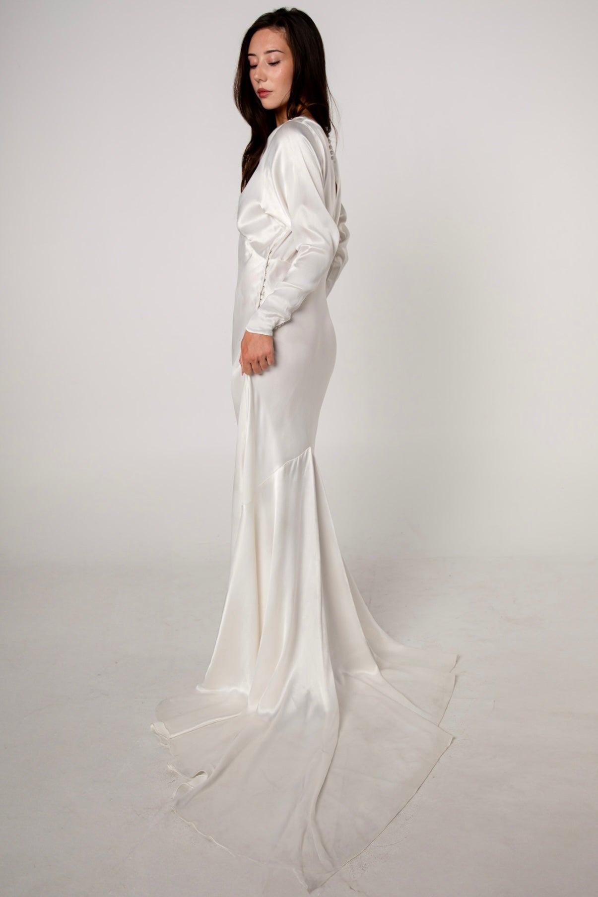 1930s White Satin Long Sleeve Wedding Gown