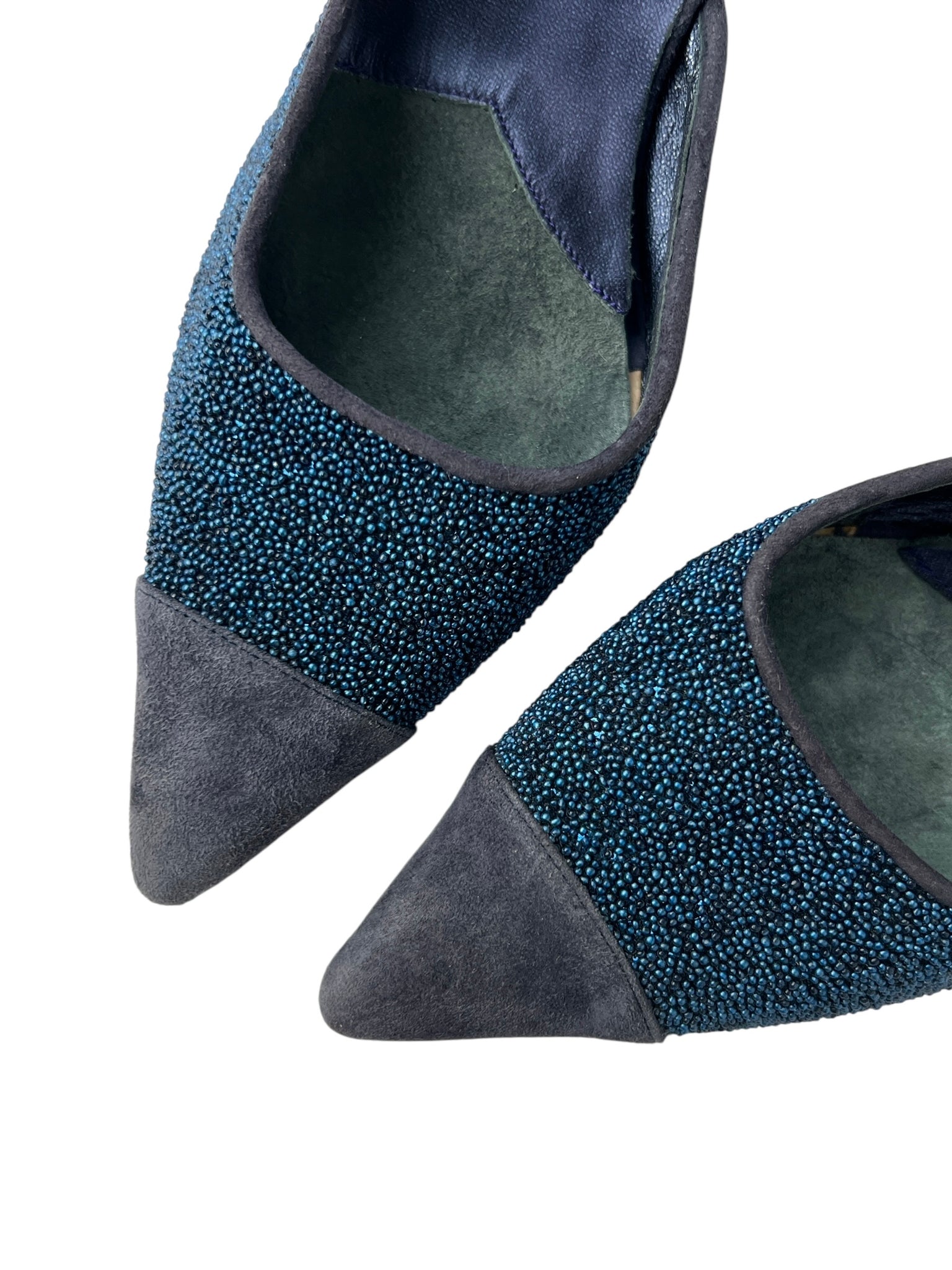 Blue Beaded Suede Leather Heeled Mules - 7