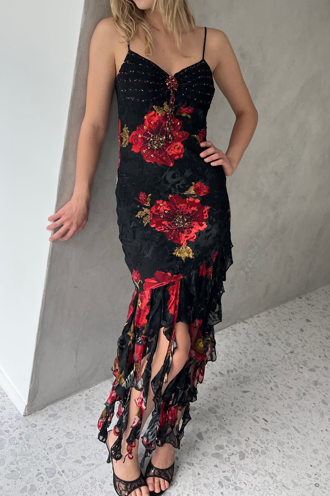 Sue Wong Black Floral Silk Devoré Fringe Beaded Dressi