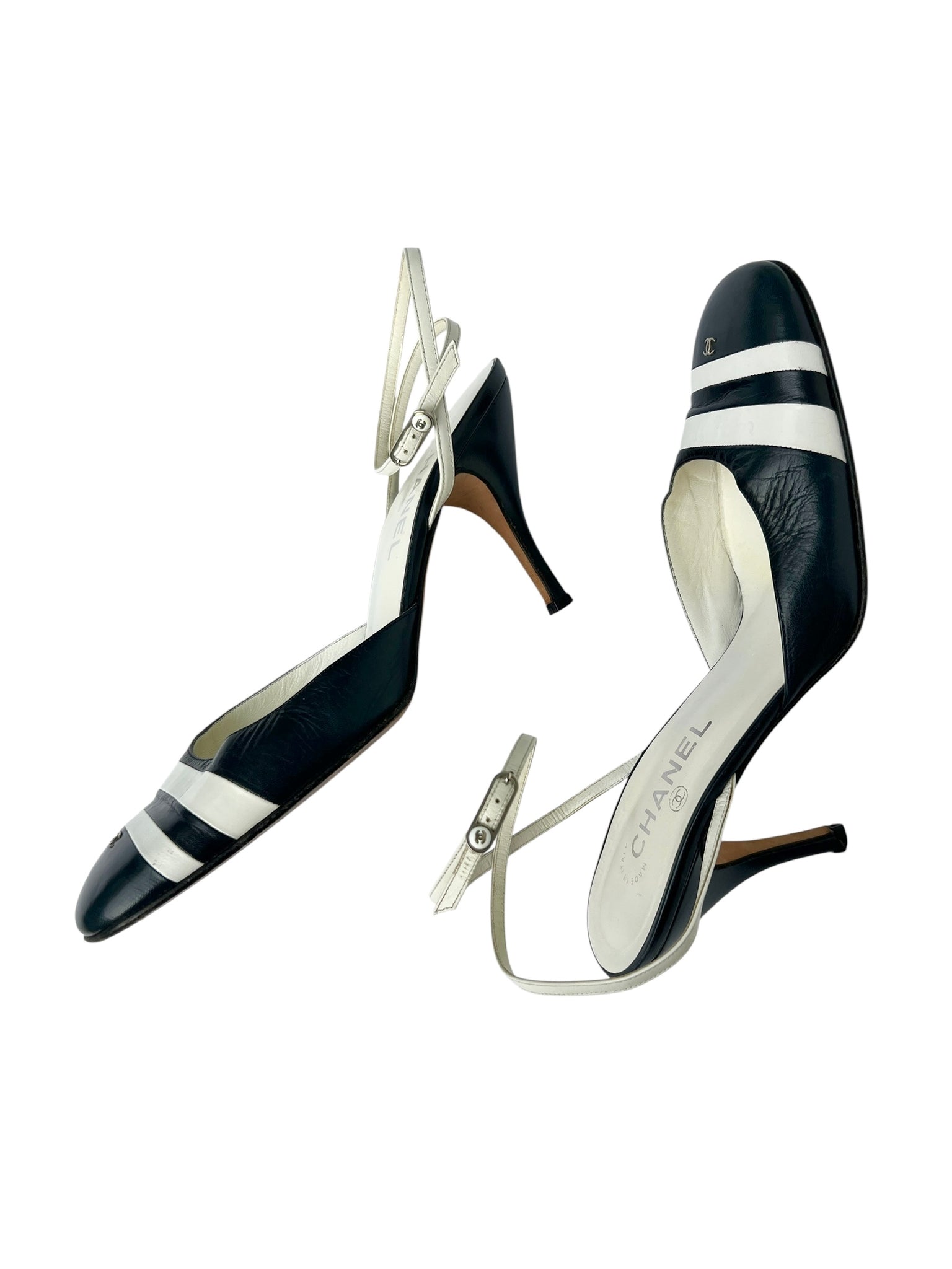 Chanel Navy & White Stripe Ankle Strap Heels - 40